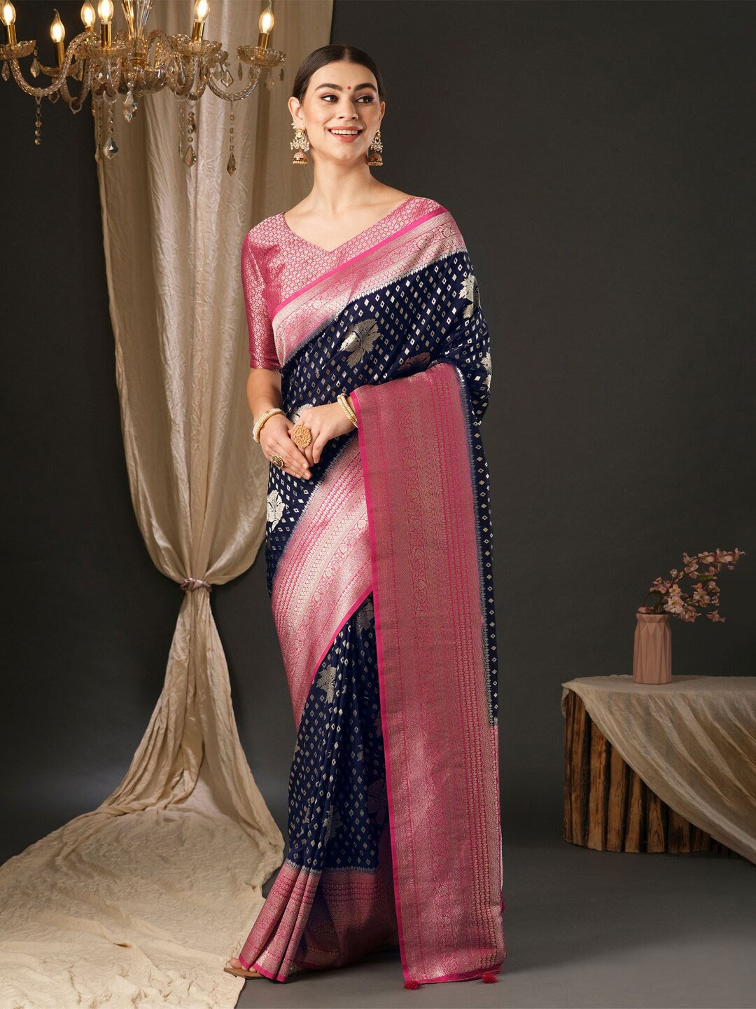 

Anouk Ethnic Motifs Pure Georgette Designer Kanjeevaram Saree, Navy blue
