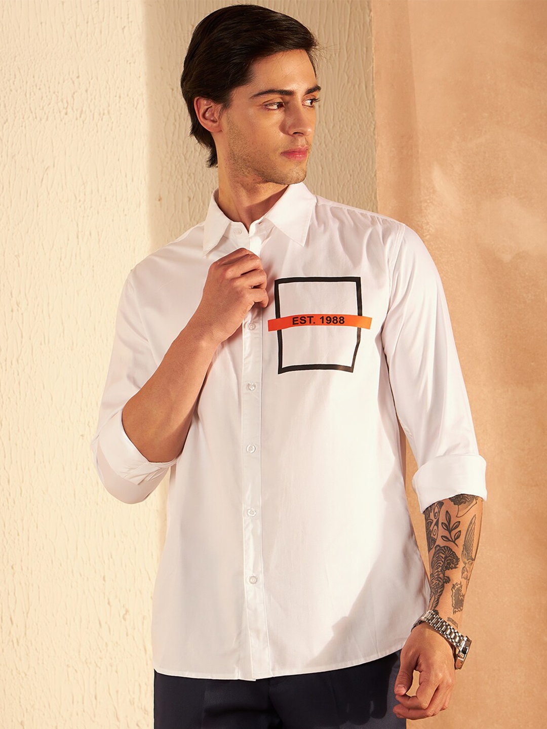 

DENNISON Smart Slim Fit Geometric Printed Cotton Casual Shirt, White