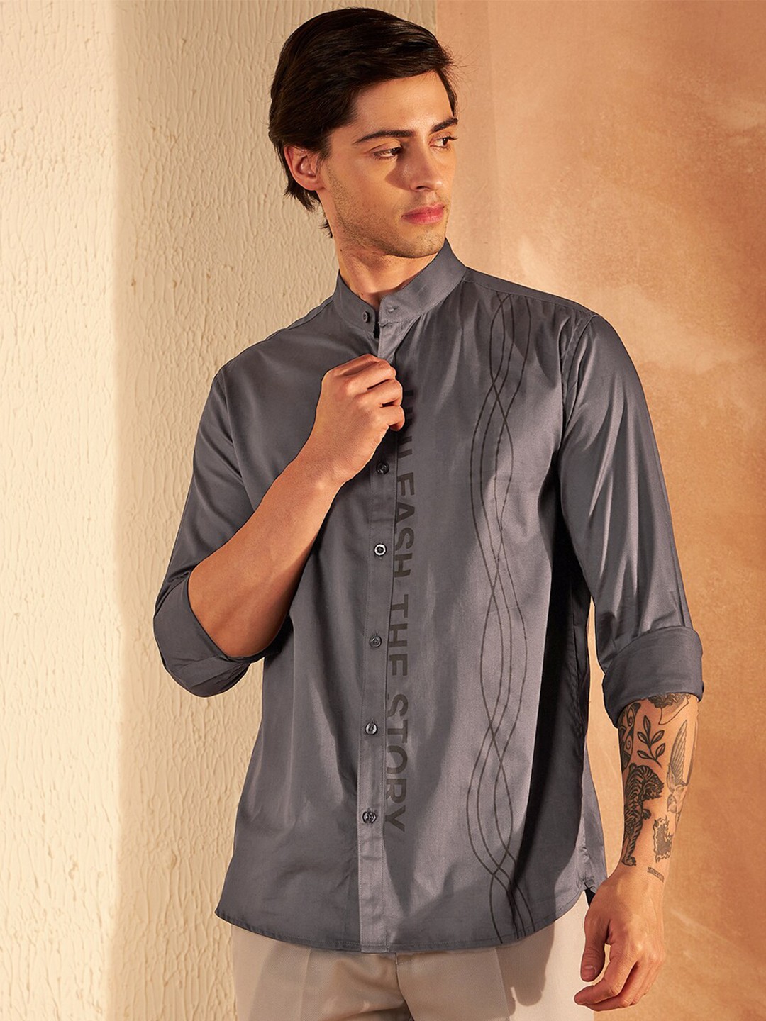 

DENNISON Mandarin Collar Slim Fit Cotton Shirt, Grey