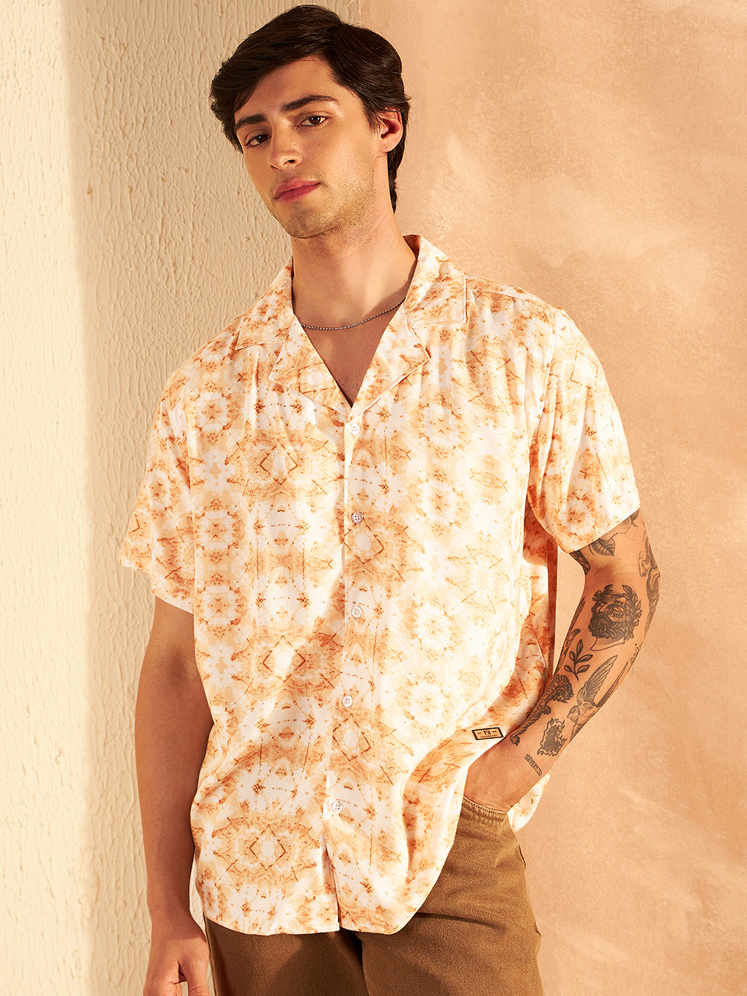 

DENNISON Smart Abstract Printed Cuban Collar Oversized Casual Shirt, White