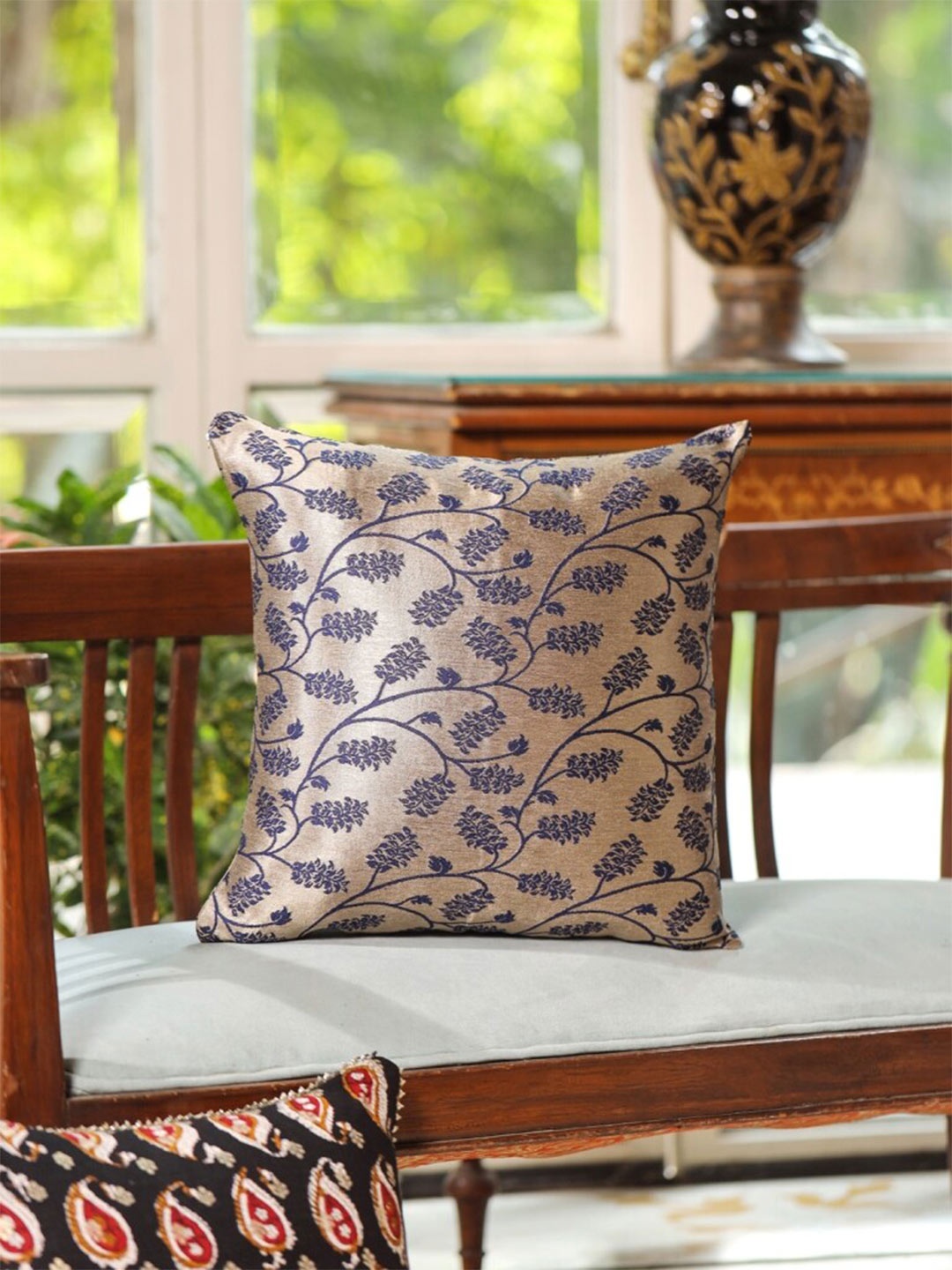 

House of Pataudi Gold Toned & Blue Square Cushion Cover