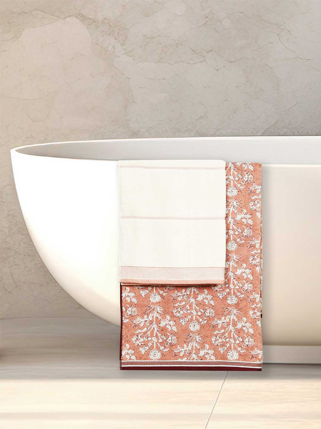 

MYTRIDENT Burgundy & White 2 Pieces Printed Cotton 600 GSM Bath Towels