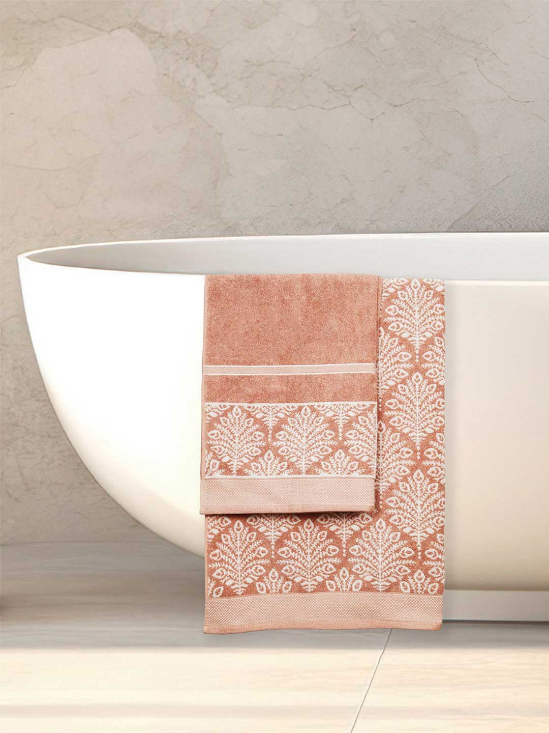 

MYTRIDENT Orange & White 2 Pieces Printed Cotton 600 GSM Bath Towels
