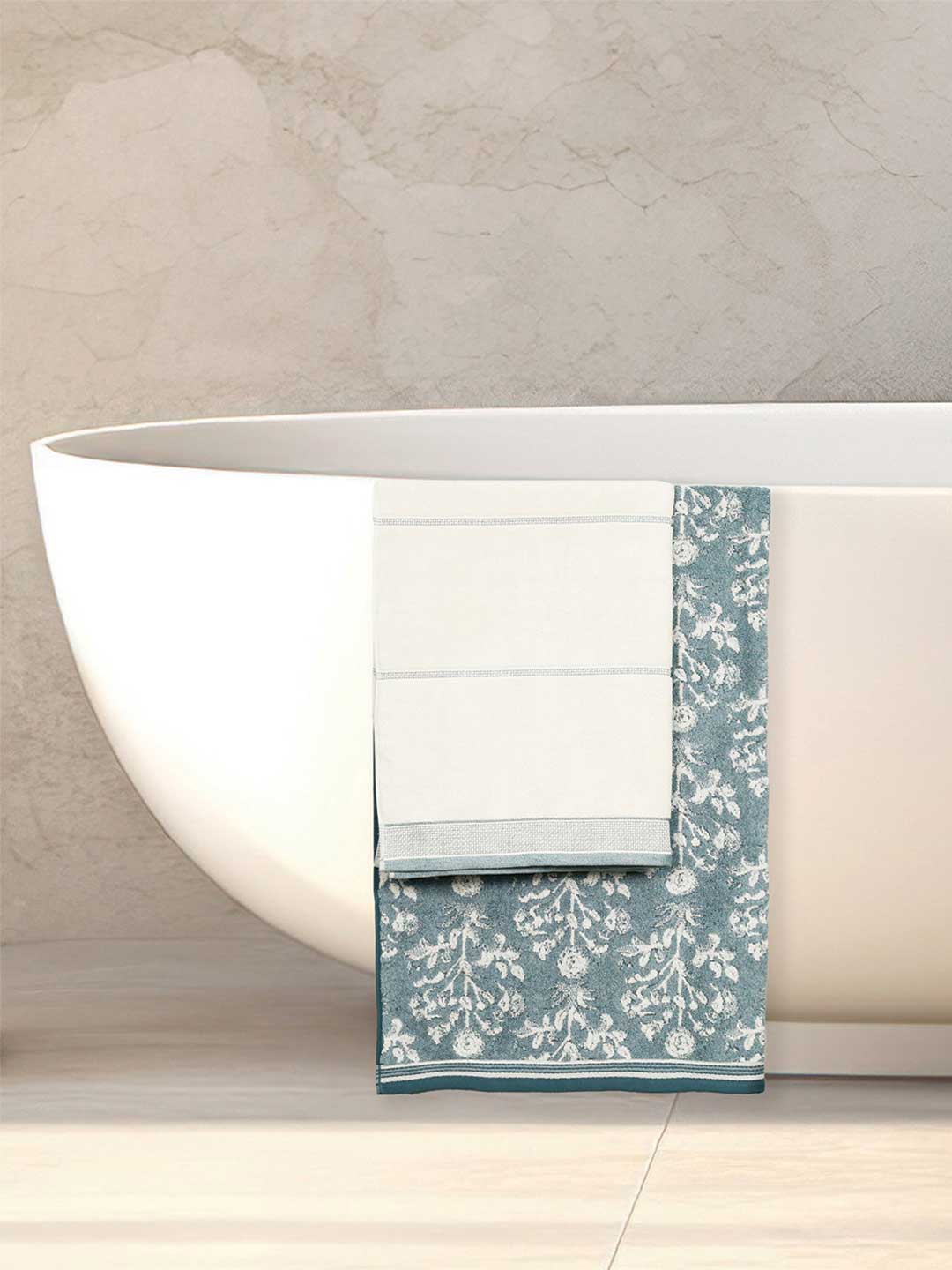 

MYTRIDENT Blue & White 2 Pieces Printed Cotton 600 GSM Bath Towels