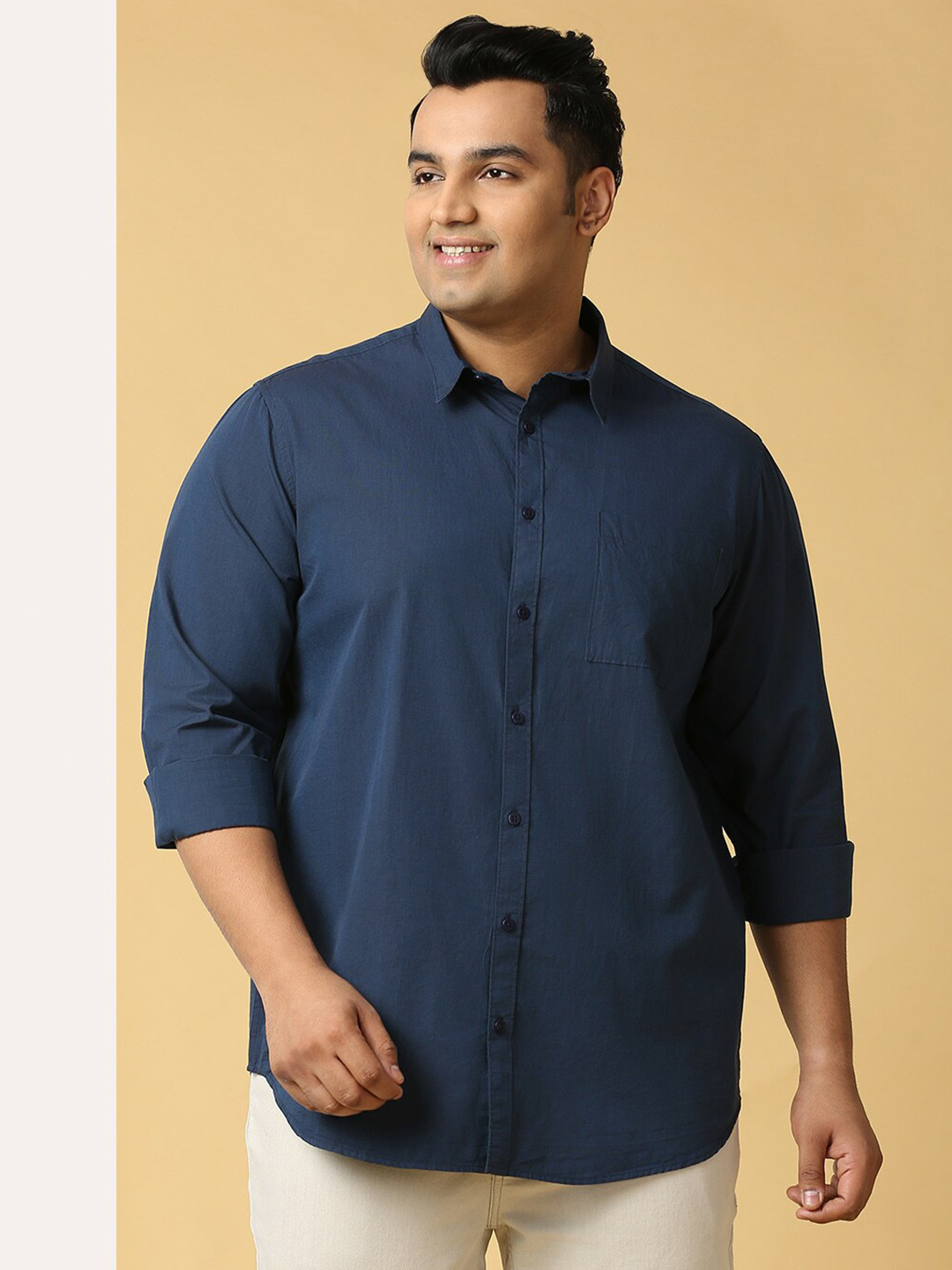 

Sztori Plus Size Classic Spread Collar Long Sleeves Cotton Casual Shirt, Navy blue