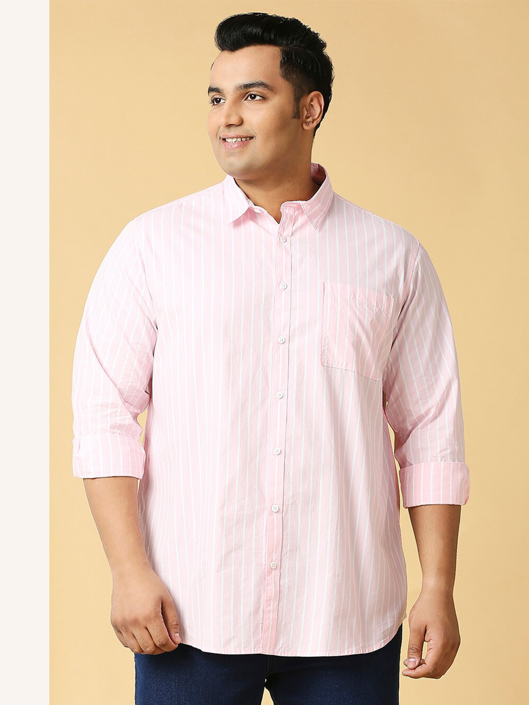 

Sztori Plus Size Classic Vertical Striped Pure Cotton Casual Shirt, Pink