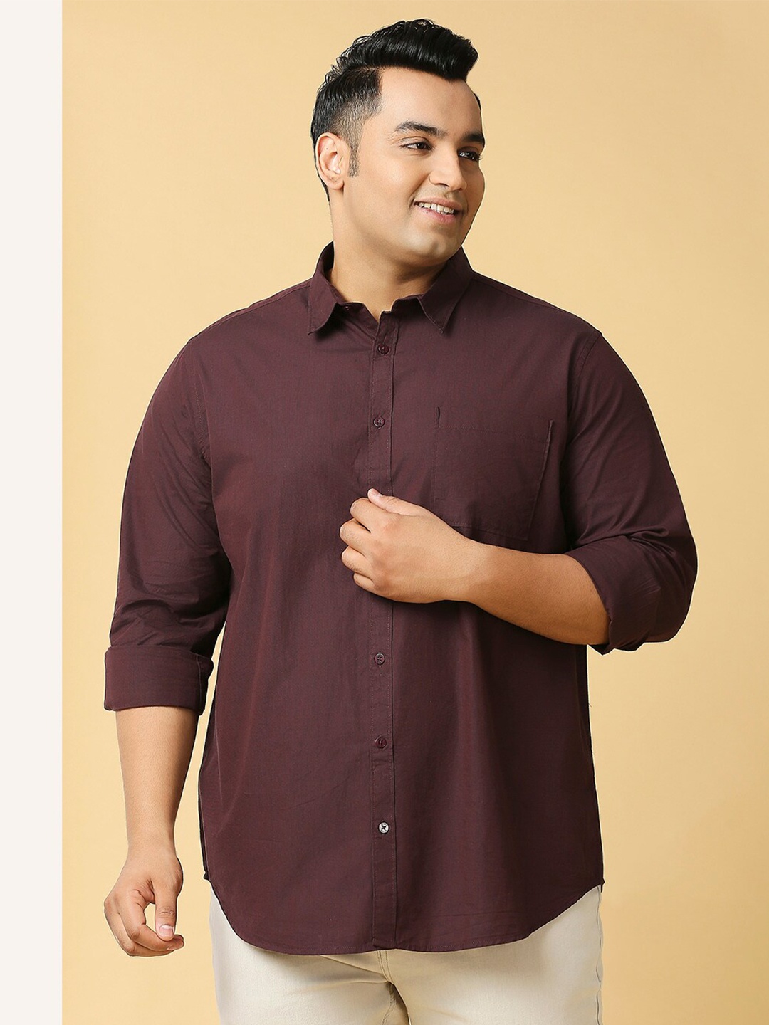 

Sztori Plus Size Classic Spread Collar Pure Cotton Casual Shirt, Brown