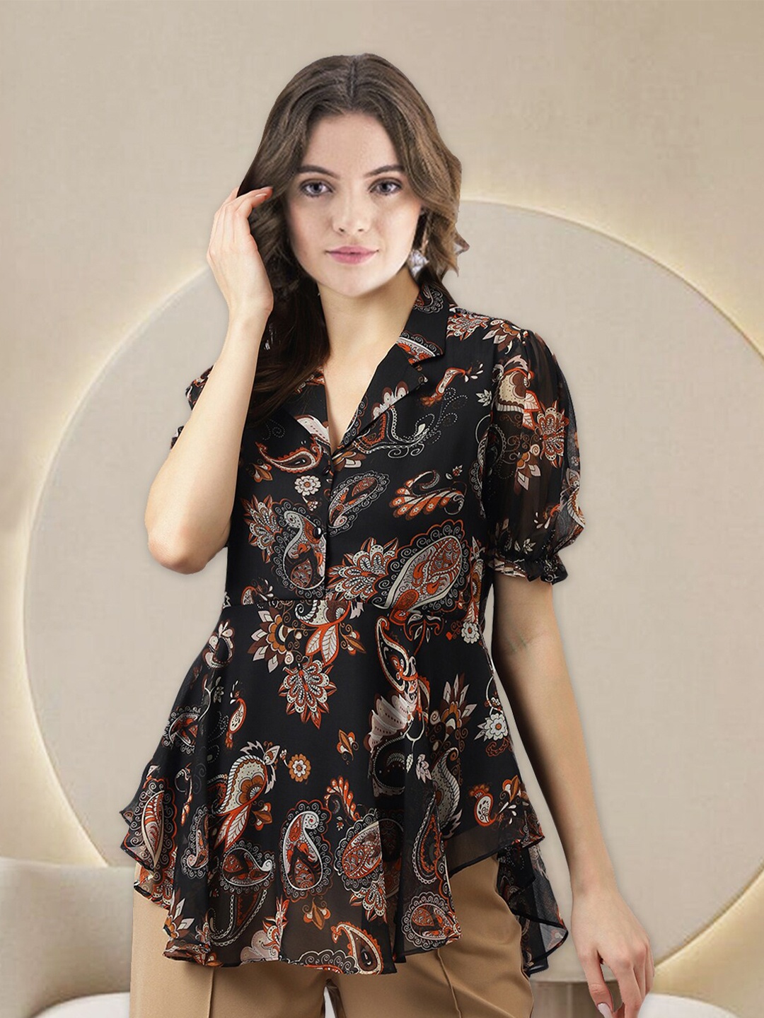 

BAESD Paisley Printed Ruffles Puff Sleeve Fit & Flare Midi Dress, Black