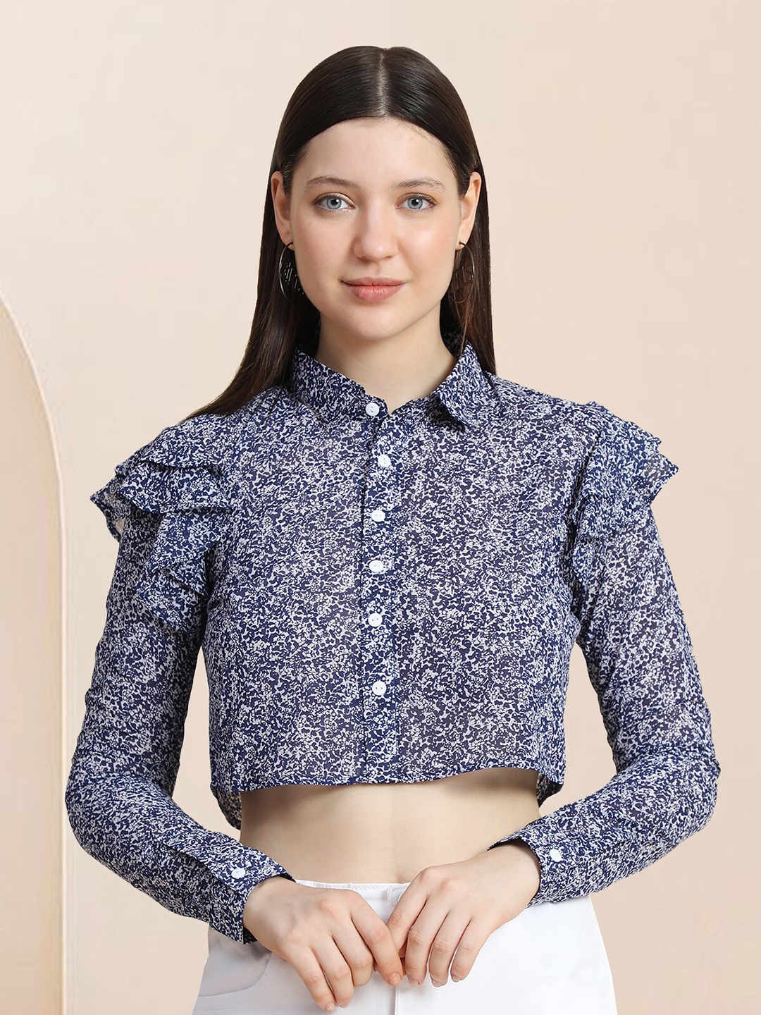 

BAESD Abstract Printed Shirt Collar Cuffed Sleeves Georgette Cropped Shirt Style Top, Navy blue