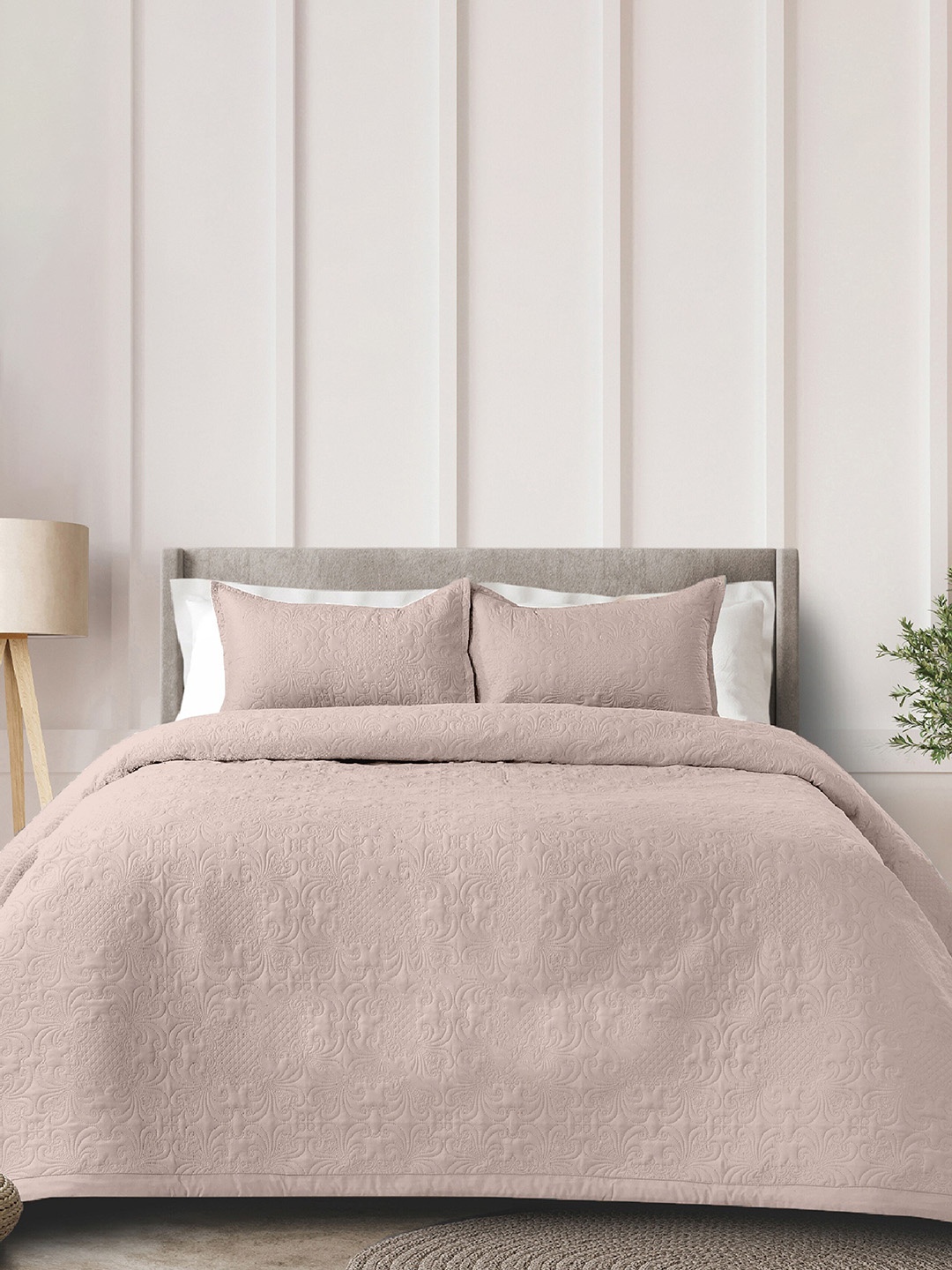 

LABHAM Pink Textured 350TC Pure Cotton Double King Bed Cover With 2 Pillow Covers