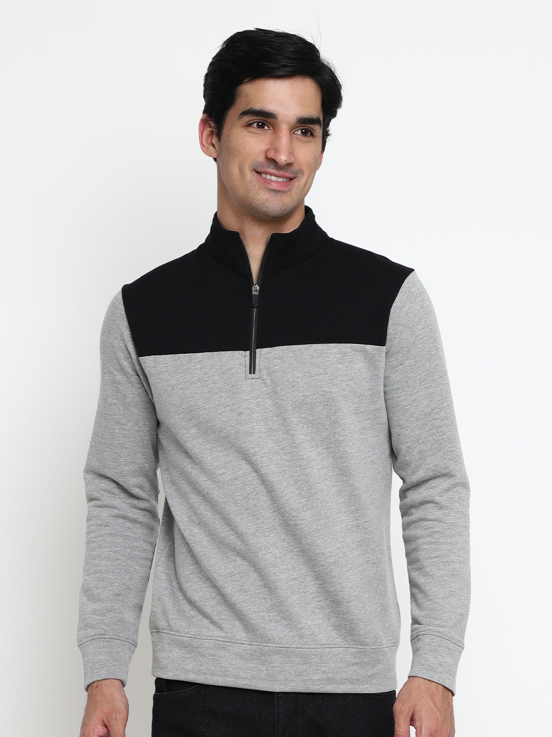 

Nimble Colourblocked Mock Collar Cotton Pullover Sweatshirt, Grey