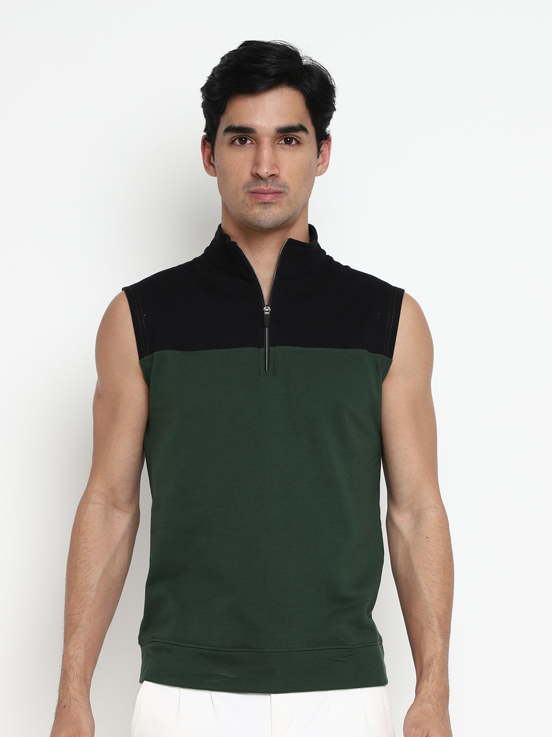 

Nimble Colourblocked Mock Collar Cotton Pullover Sweatshirt, Green