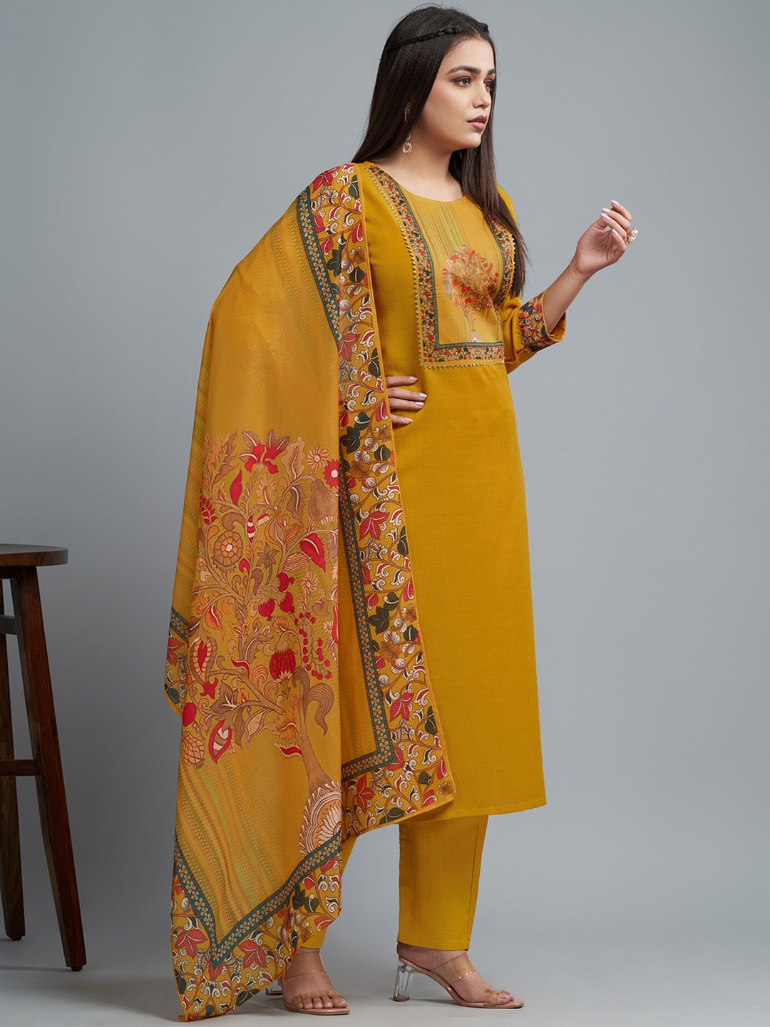 

Twika Floral Yoke Design Gotta Patti Straight Kurta With Trousers & Dupatta, Yellow