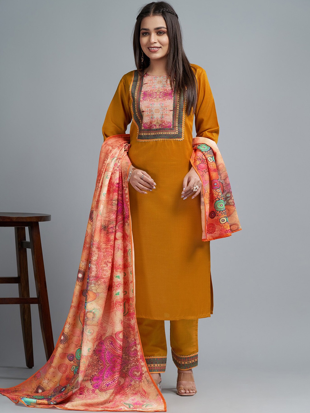 

Twika Ethnic Motifs Printed Yoke Gotta Patti Straight Kurta & Trousers With Dupatta, Mustard