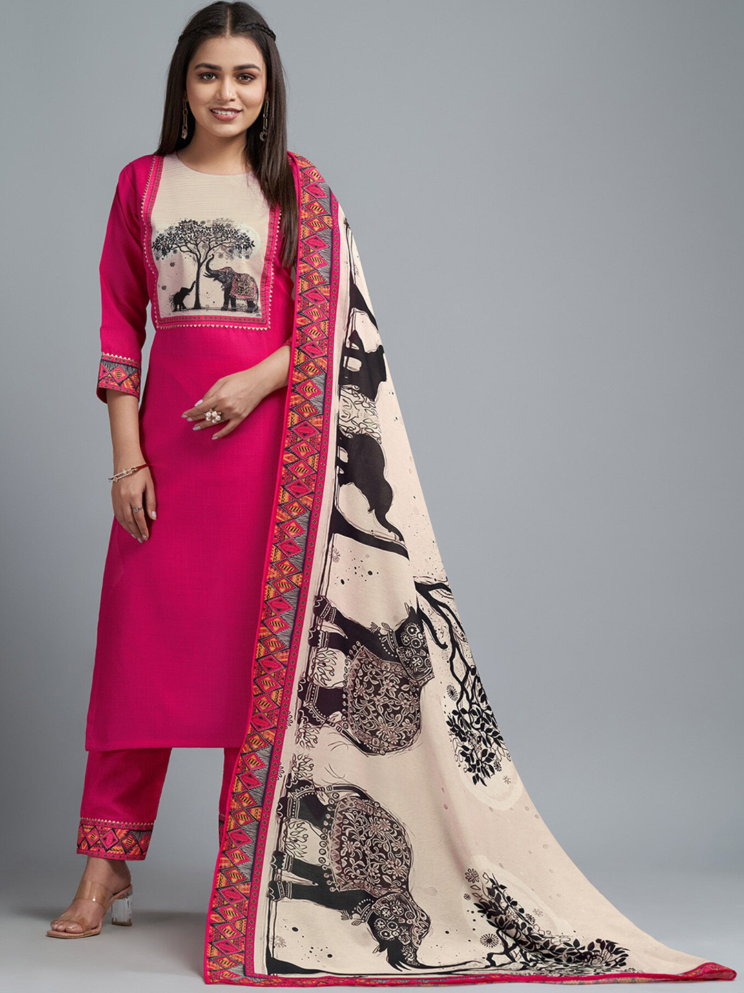 

Twika Ethnic Motifs Printed Yoke Gotta Patti Straight Kurta & Trousers With Dupatta, Pink