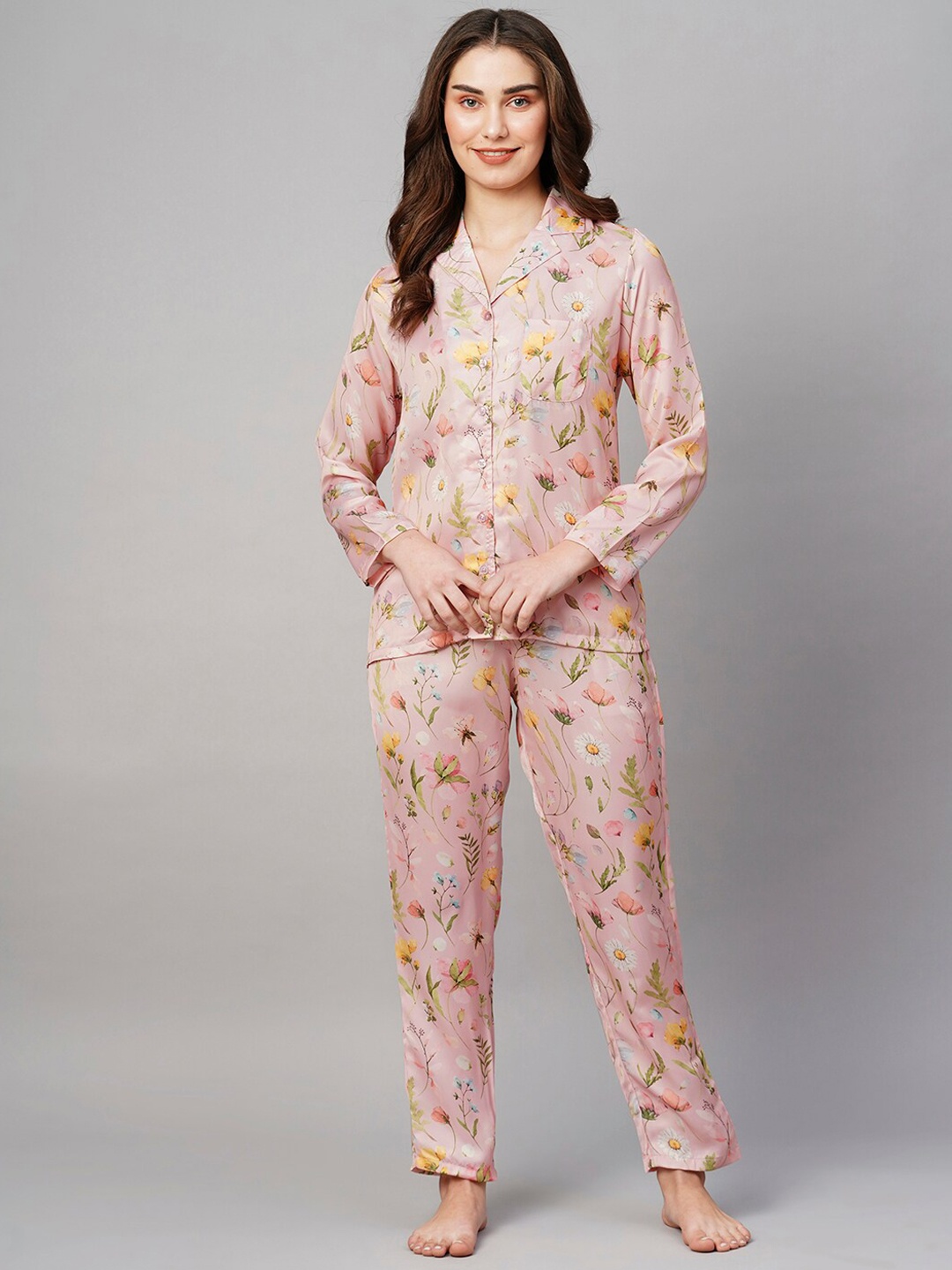 

DRAPE IN VOGUE Floral Printed Satin Night suit, Pink