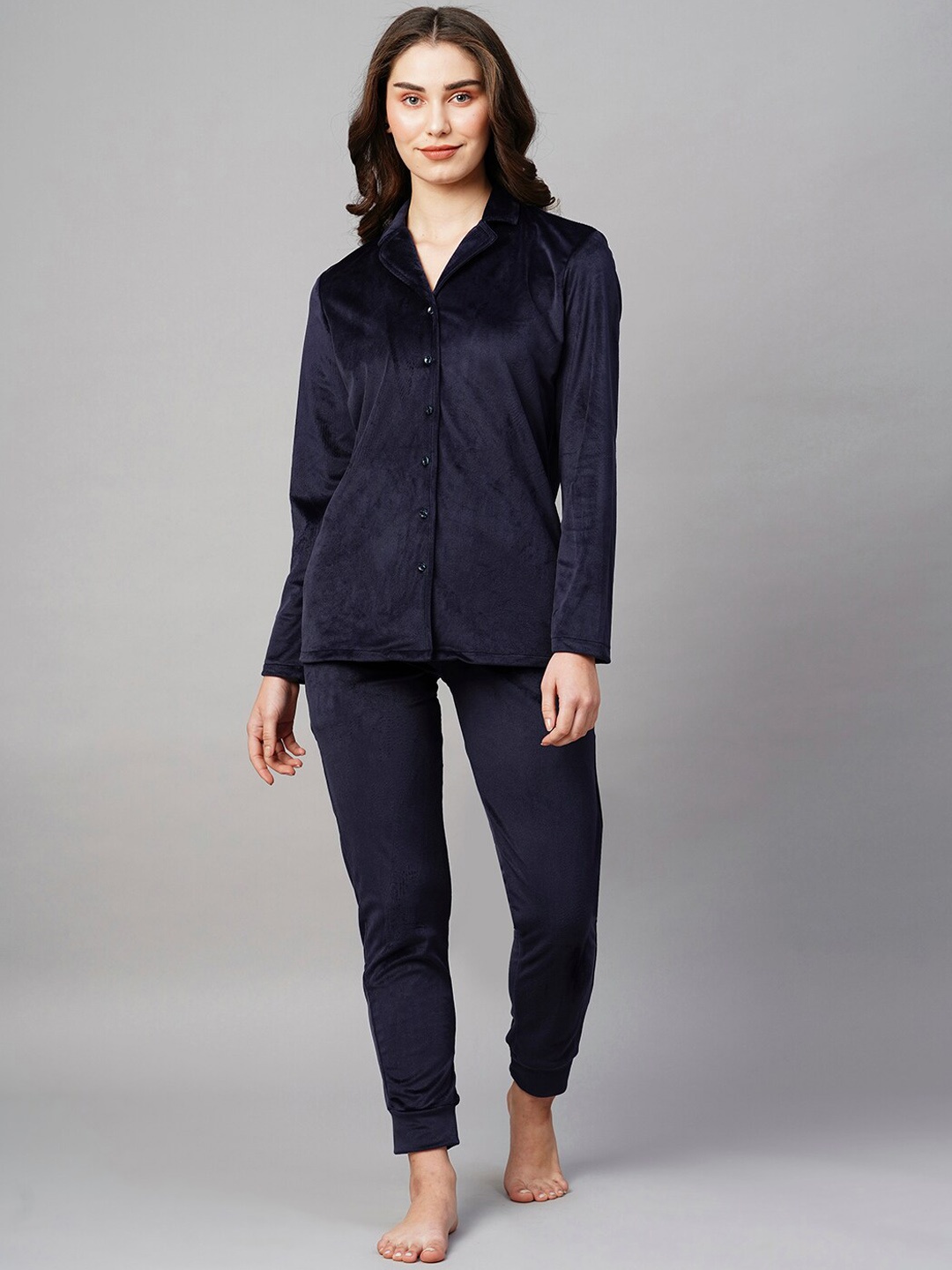 

DRAPE IN VOGUE Shirt Collar Night suit, Navy blue