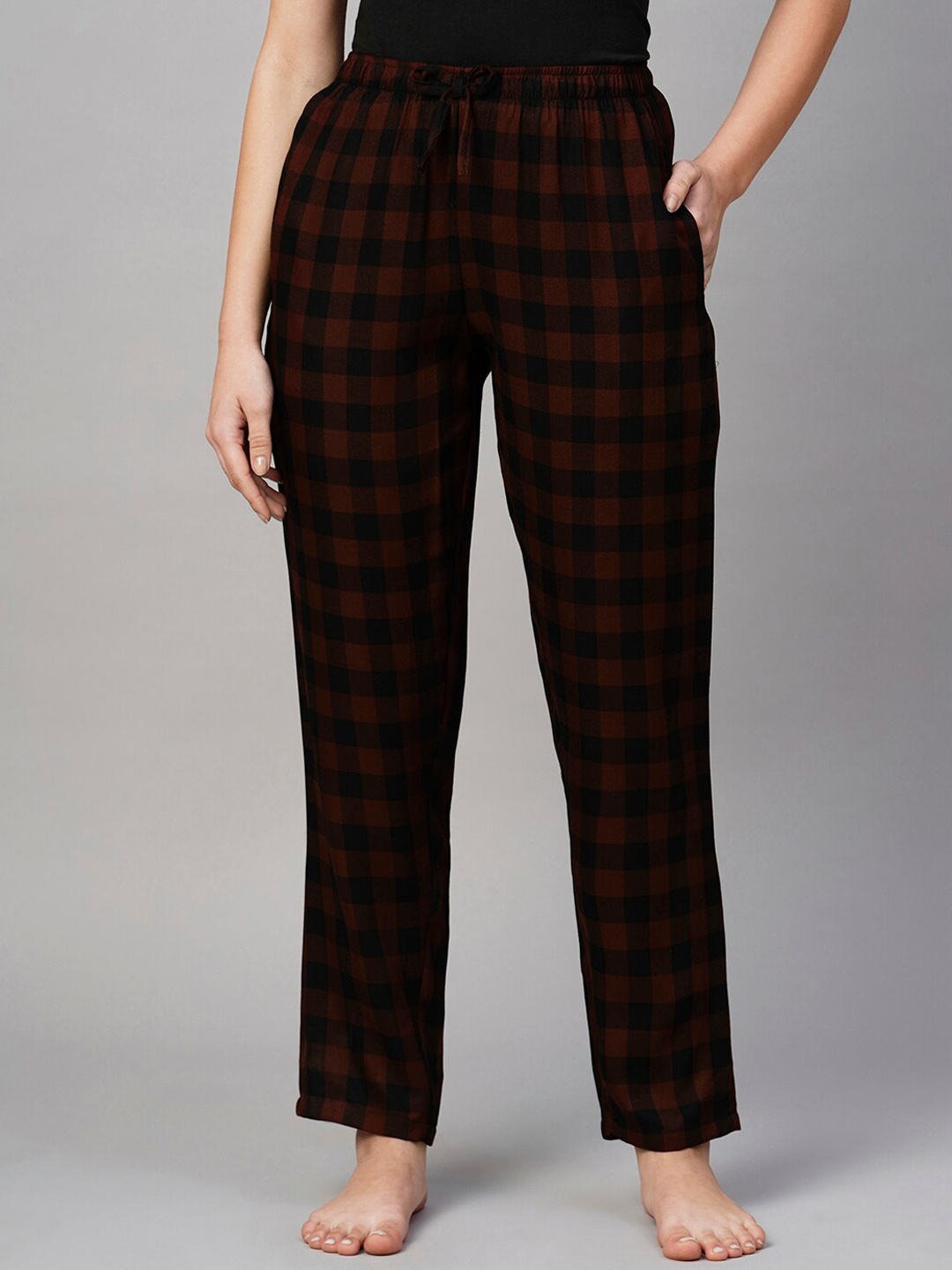 

DRAPE IN VOGUE Women Checked Cotton Lounge Pant, Brown