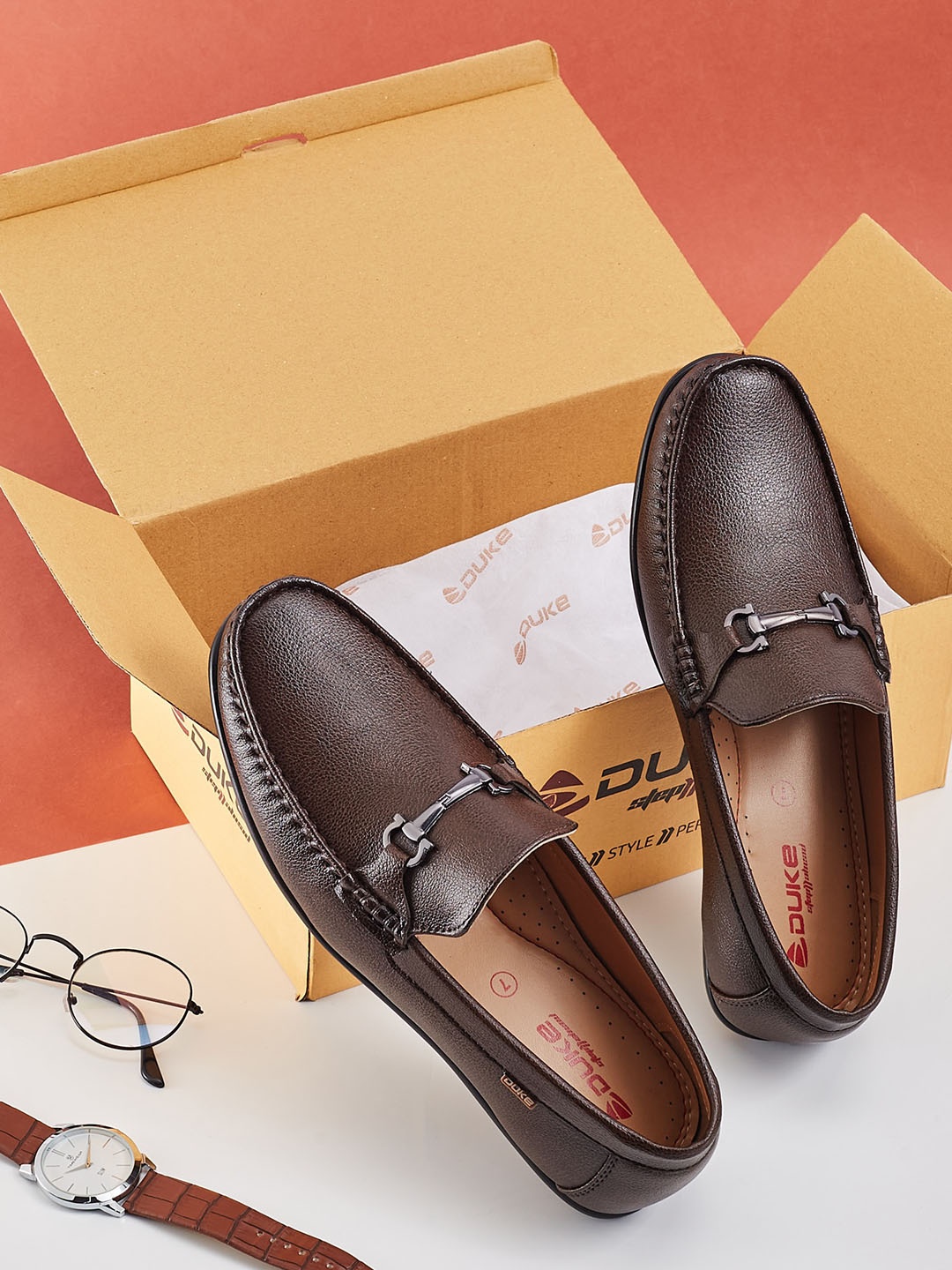 

Duke Men Textured Comfort Insole Insole Horsebit Loafers, Brown