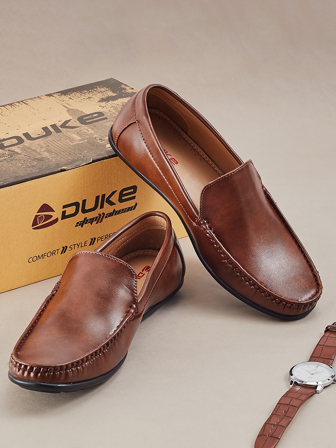 

Duke Men Textured Comfort Insole Slip-On Loafers, Tan