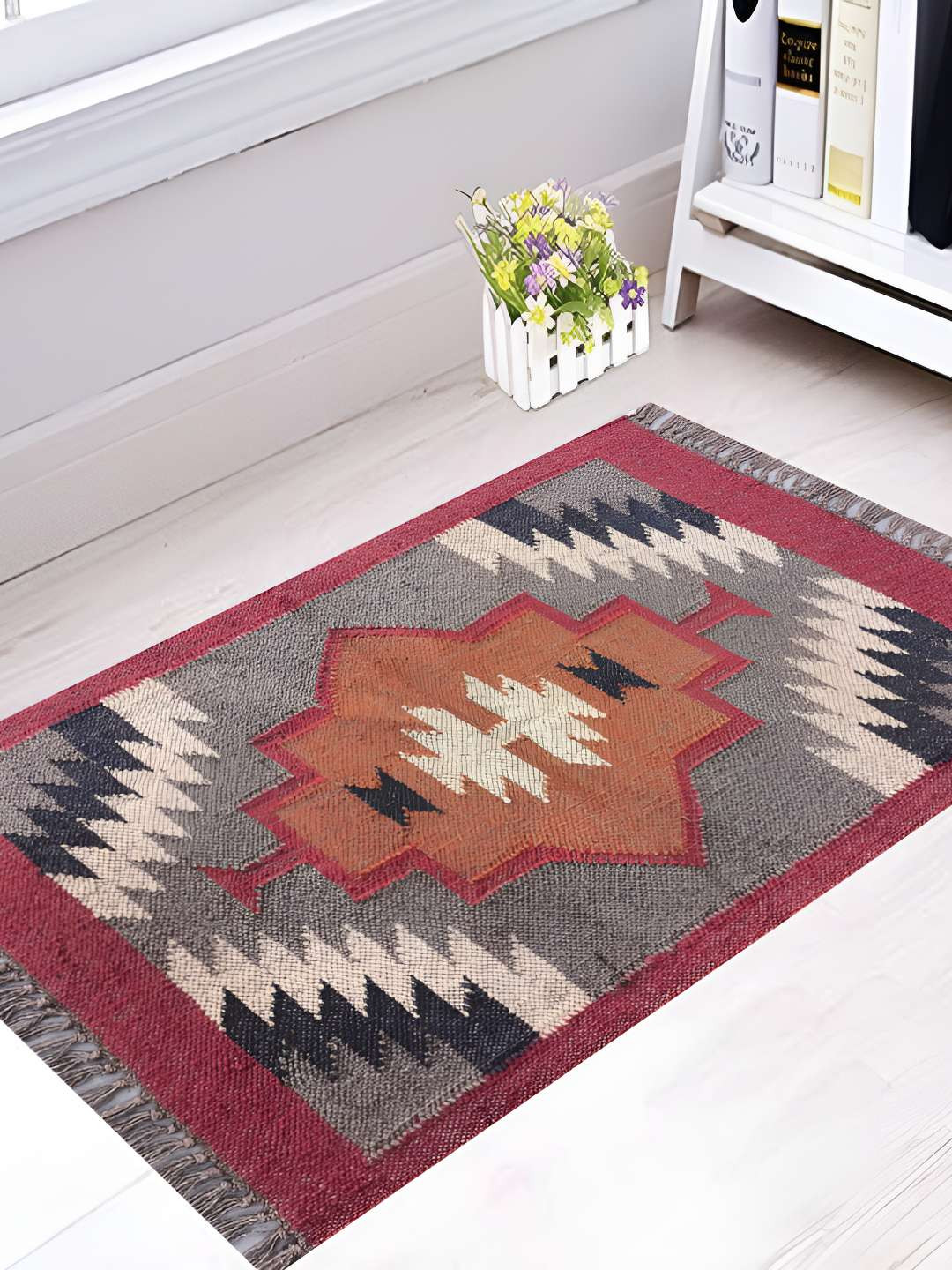 

Budhrajrugs Grey & Orange Geometric Patterned Hand Woven Rectangular Dhurrie