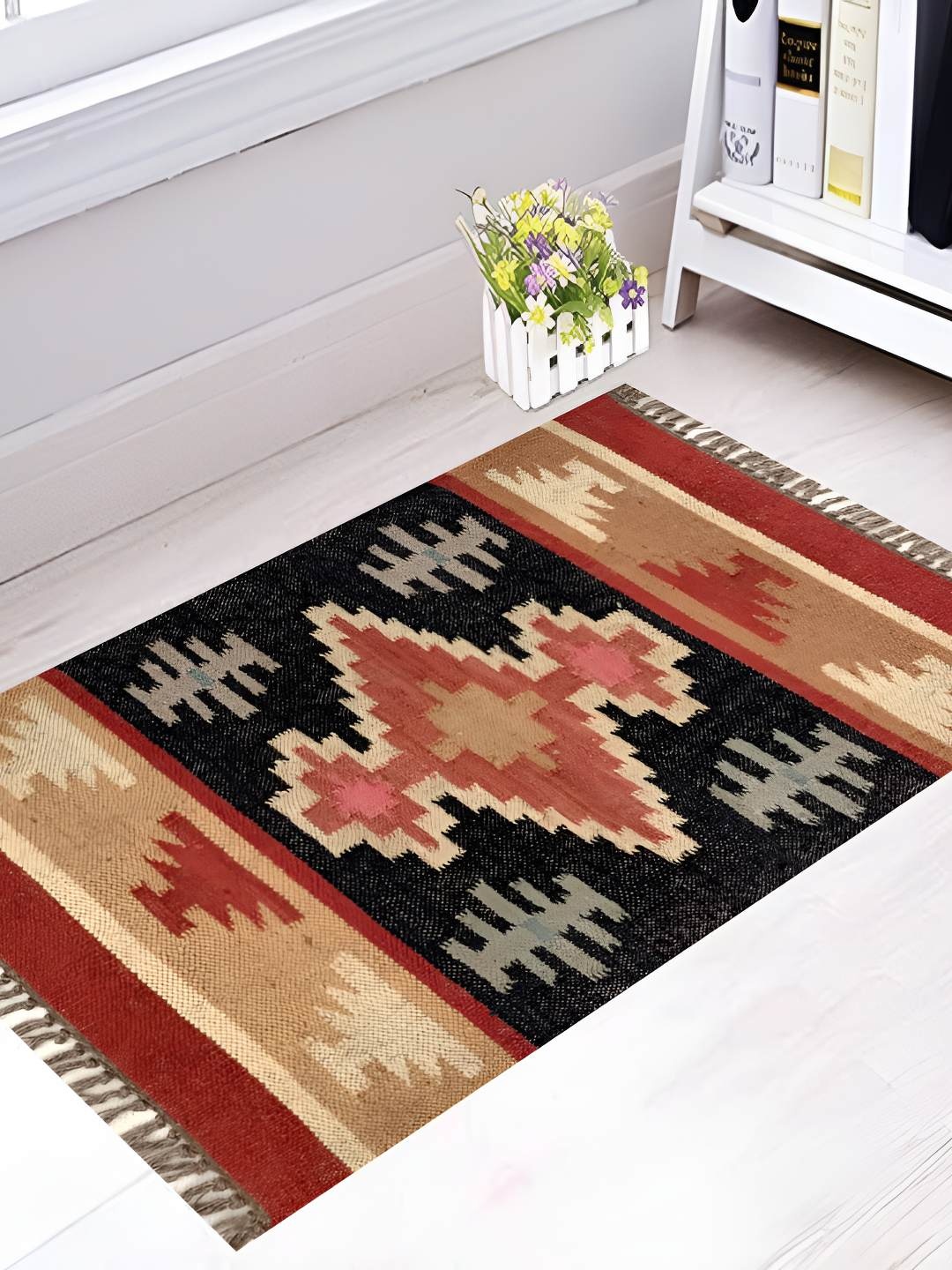 

Budhrajrugs Red & Yellow Geometric Woven Rectangular Dhurrie