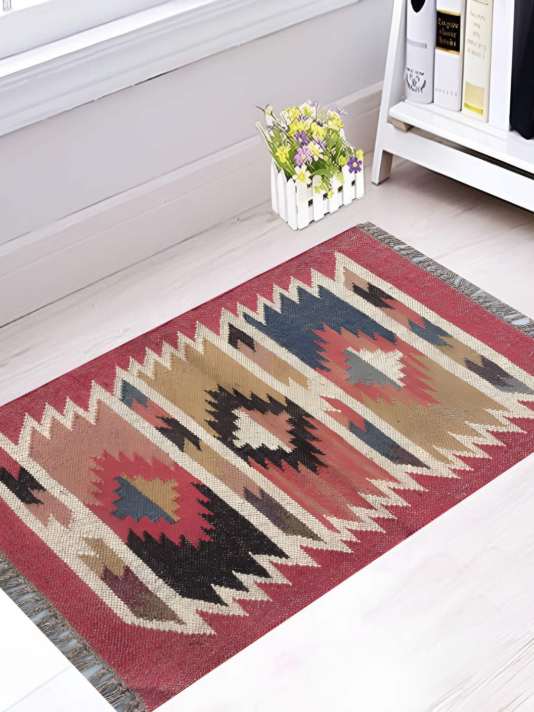 

Budhrajrugs Red & Black Geometric Woven Rectangular Dhurrie