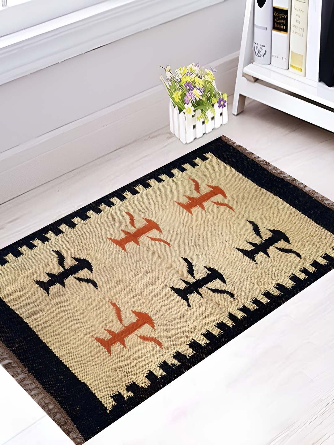 

Budhrajrugs Cream & Black Geometric Woven Rectangular Dhurrie