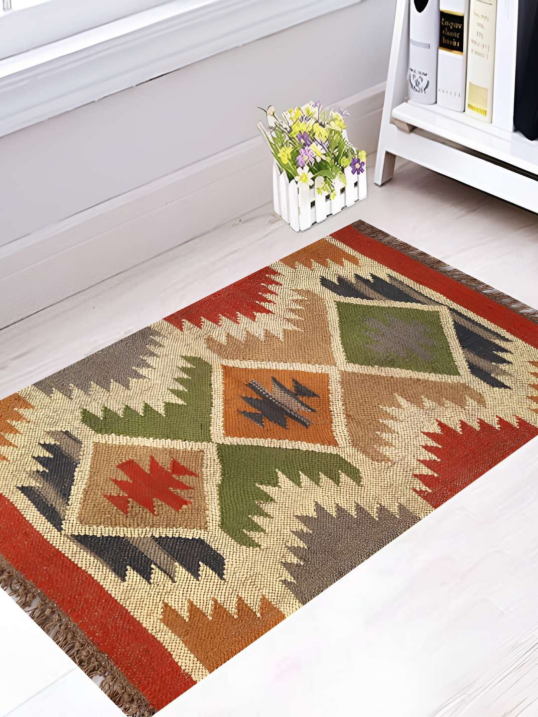 

Budhrajrugs Green & Brown Geometric Woven Rectangular Dhurrie