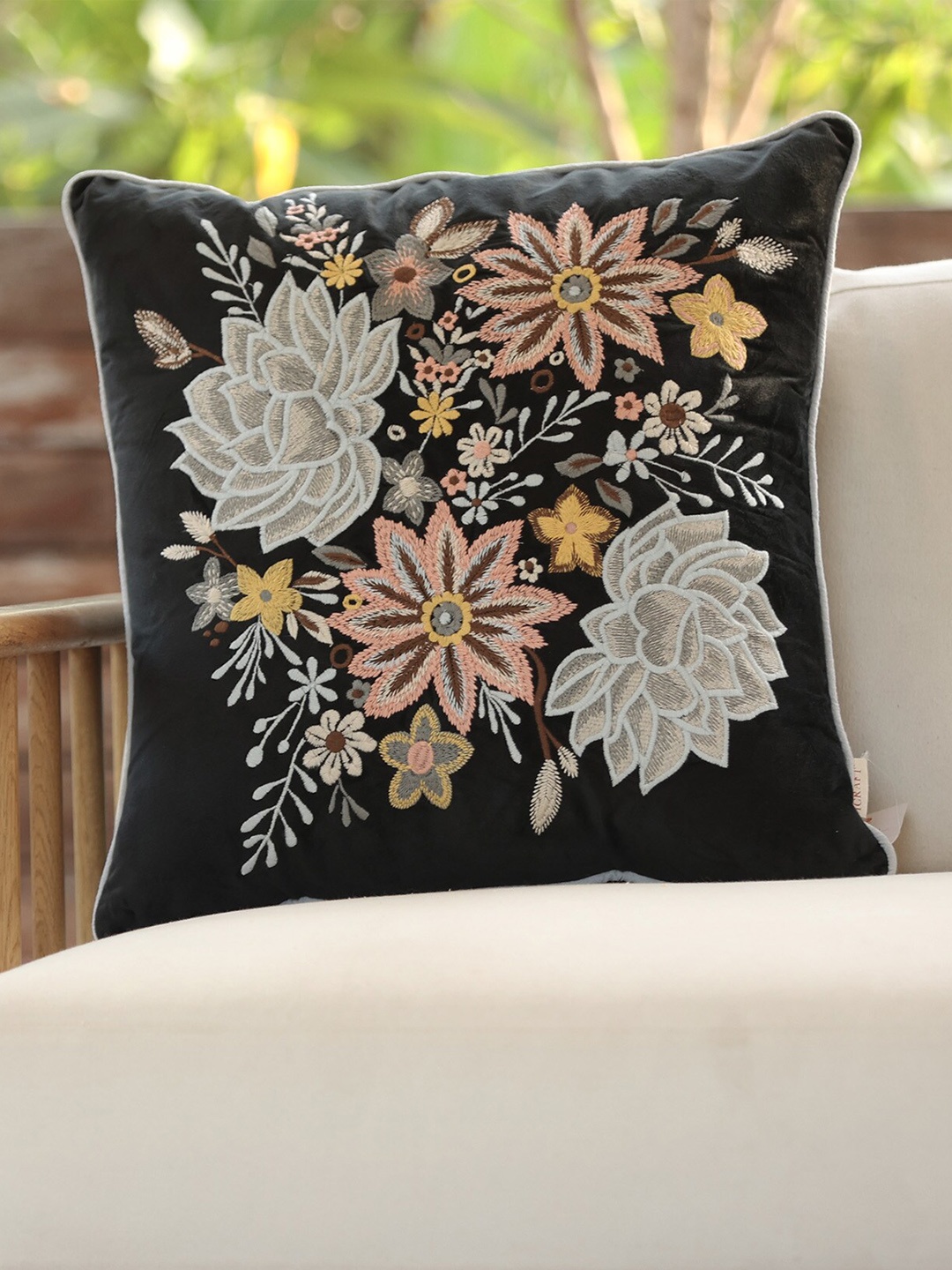 

ICRAFT Black Peach Floral Square Cushion Cover