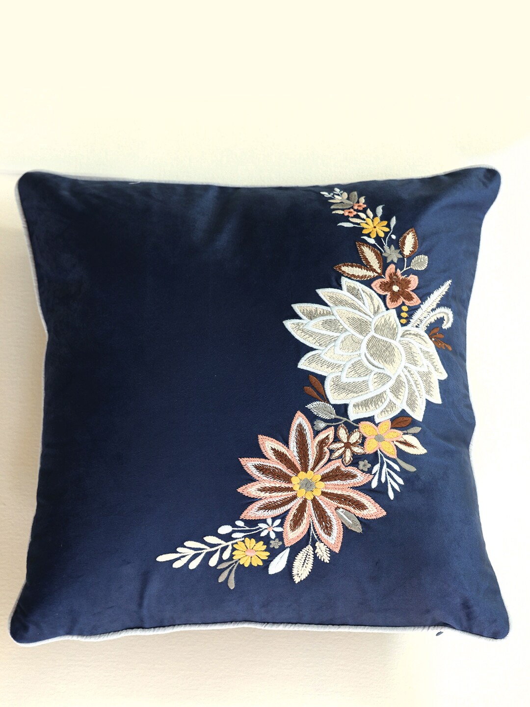 

ICRAFT Navy Blue Floral Embroidered Square Cushion Cover
