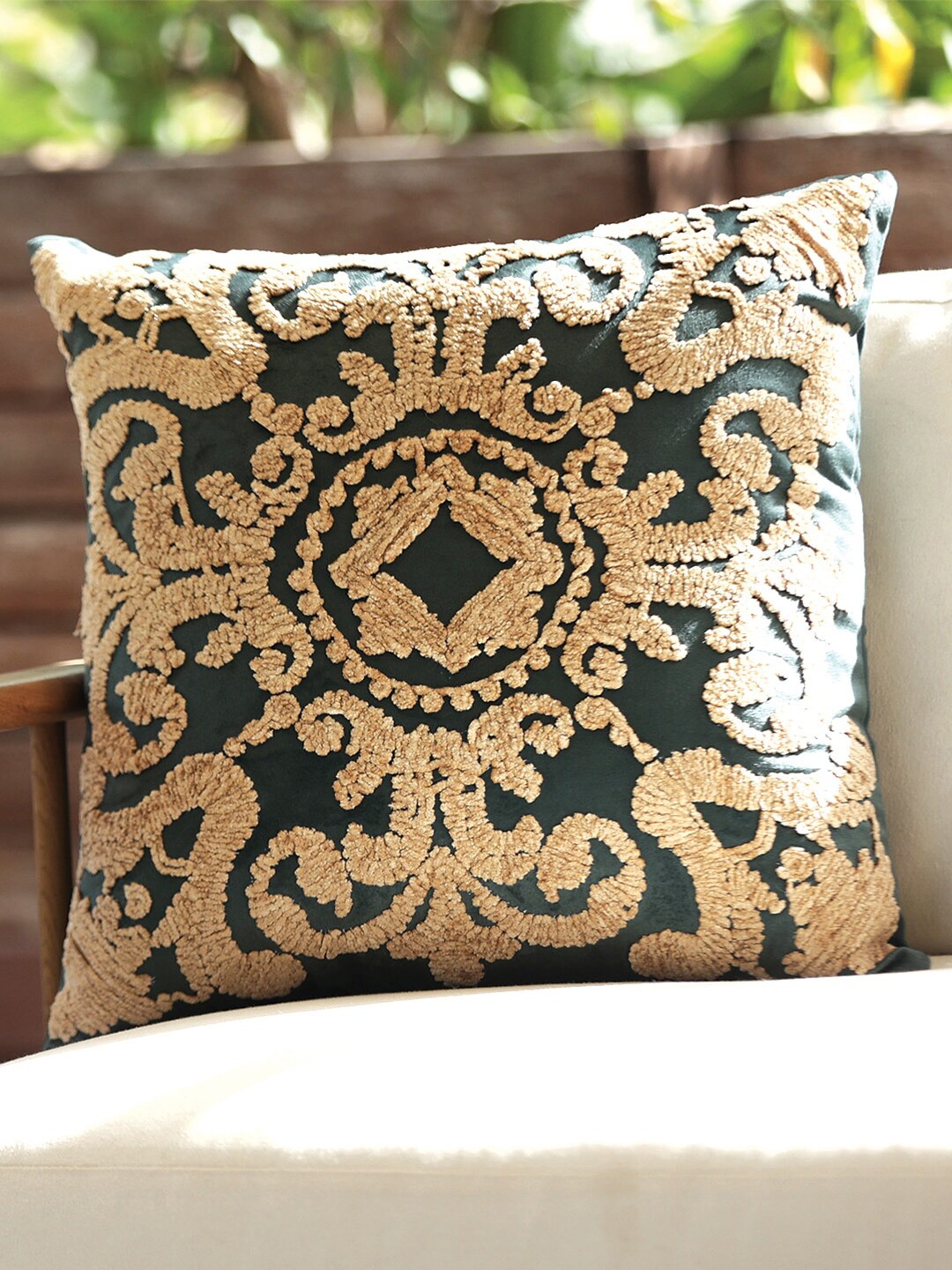 

ICRAFT Green Beige Ethnic Motifs Square Cushion Cover