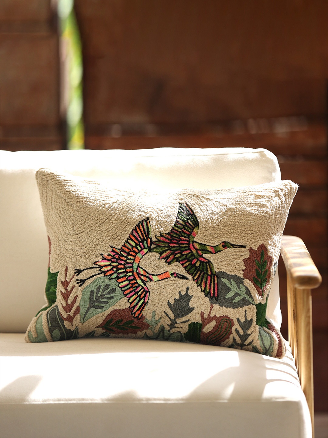 

ICRAFT White Green Embroidered Square Cushion Cover