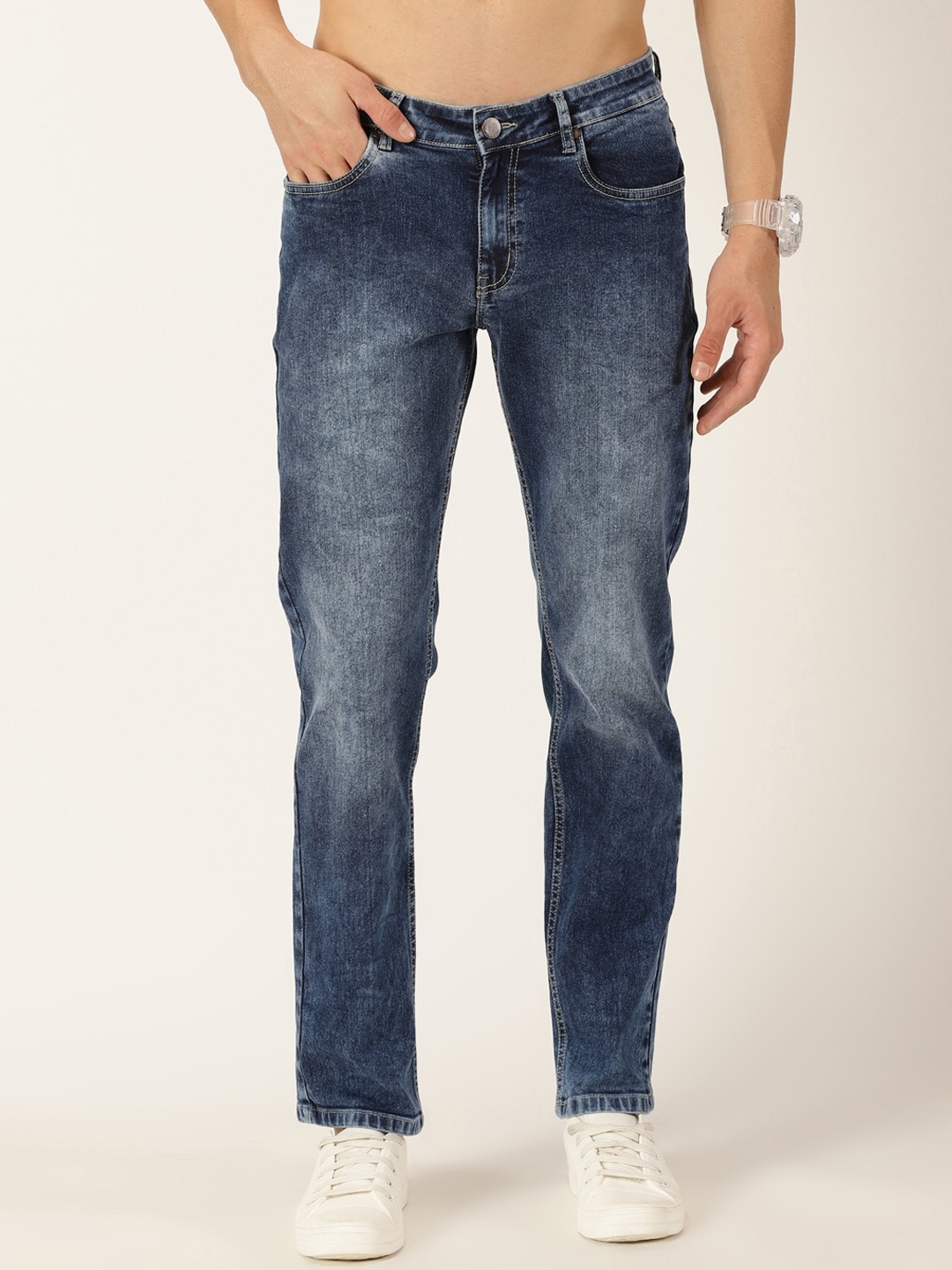 

HERE&NOW Men Smart Regular Fit Light Fade Mid-Rise Cotton Stretchable Jeans, Blue