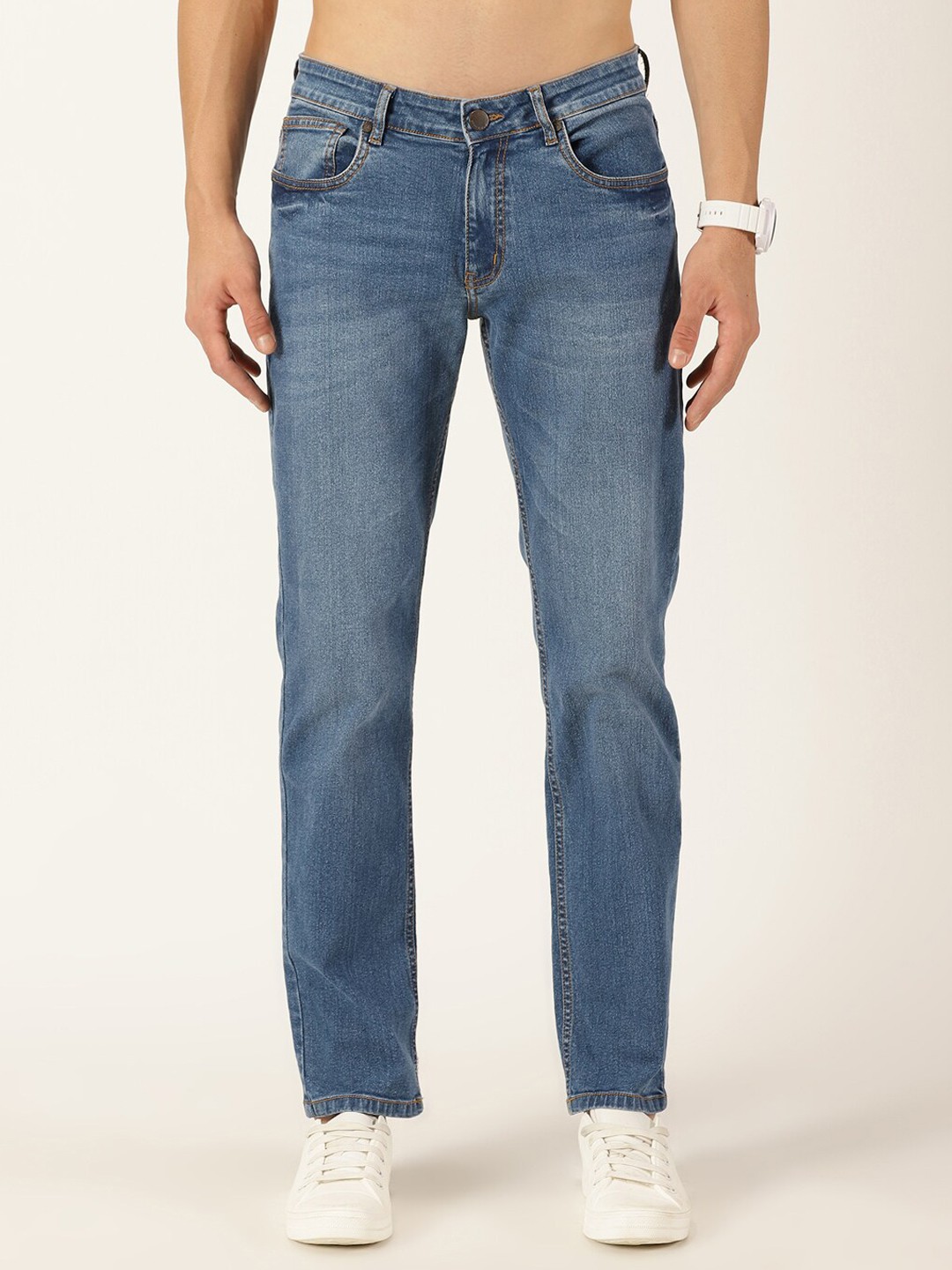 

HERE&NOW Men Smart Slim Fit Light Fade Mid-Rise Cotton Stretchable Jeans, Blue