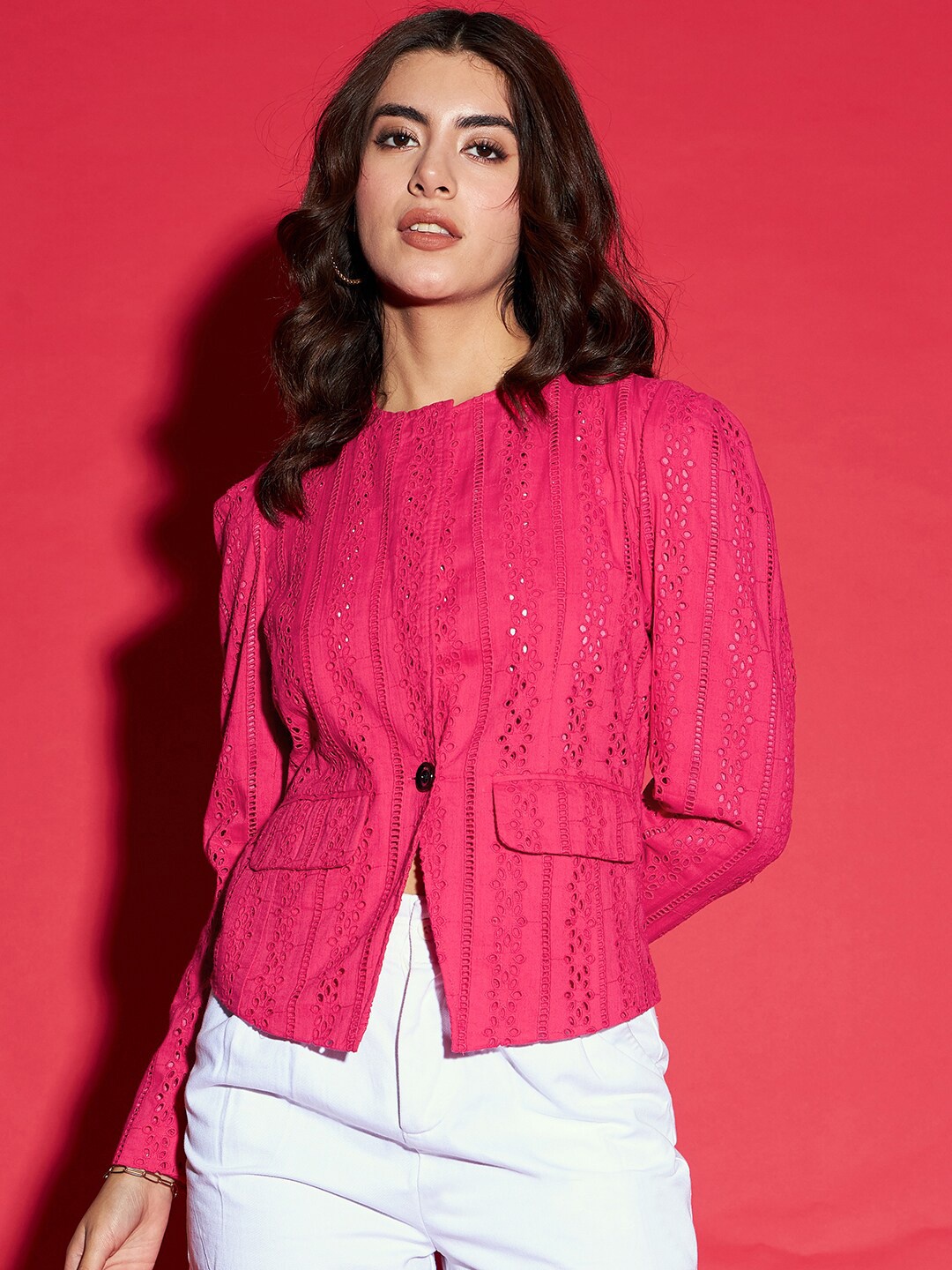 

STYLECAST X KASSUALLY Schiffli Pure Cotton Top, Pink