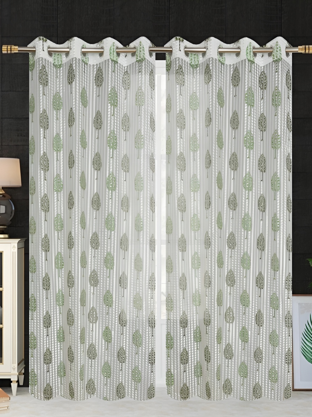 COMFY HOME Green & White 2 Pieces Floral Sheer Door Curtains
