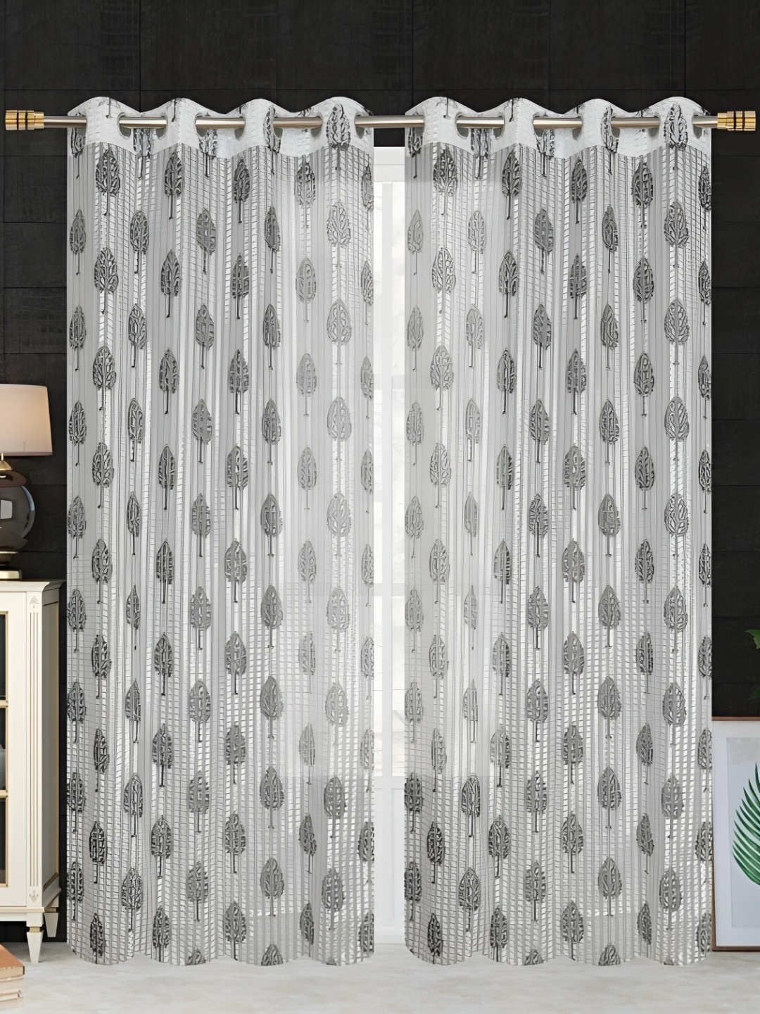 

COMFY HOME Grey & White 2 Pieces Floral Sheer Long Door Curtains