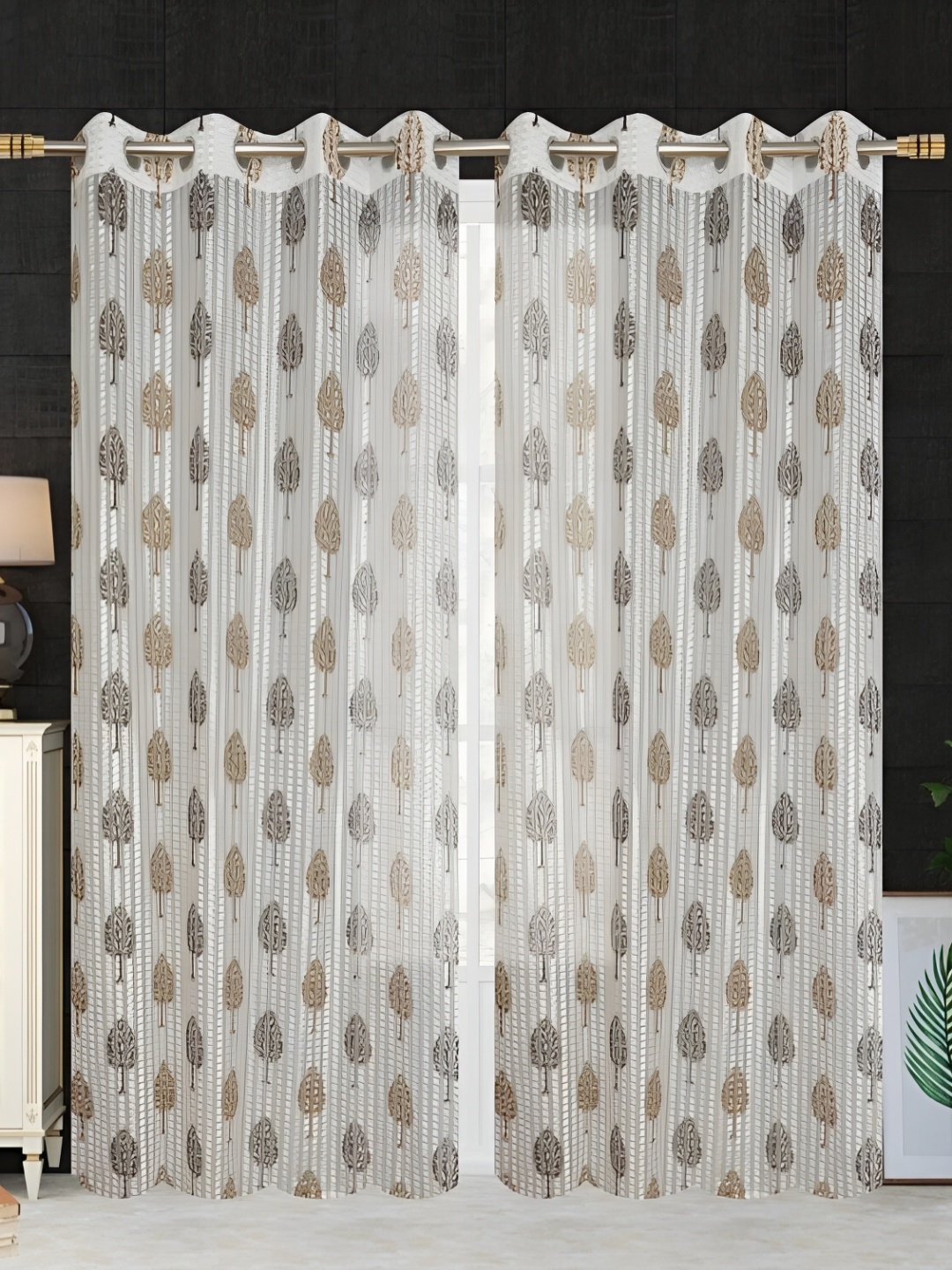 

COMFY HOME Brown & White 2 Pieces Floral Sheer Door Curtains