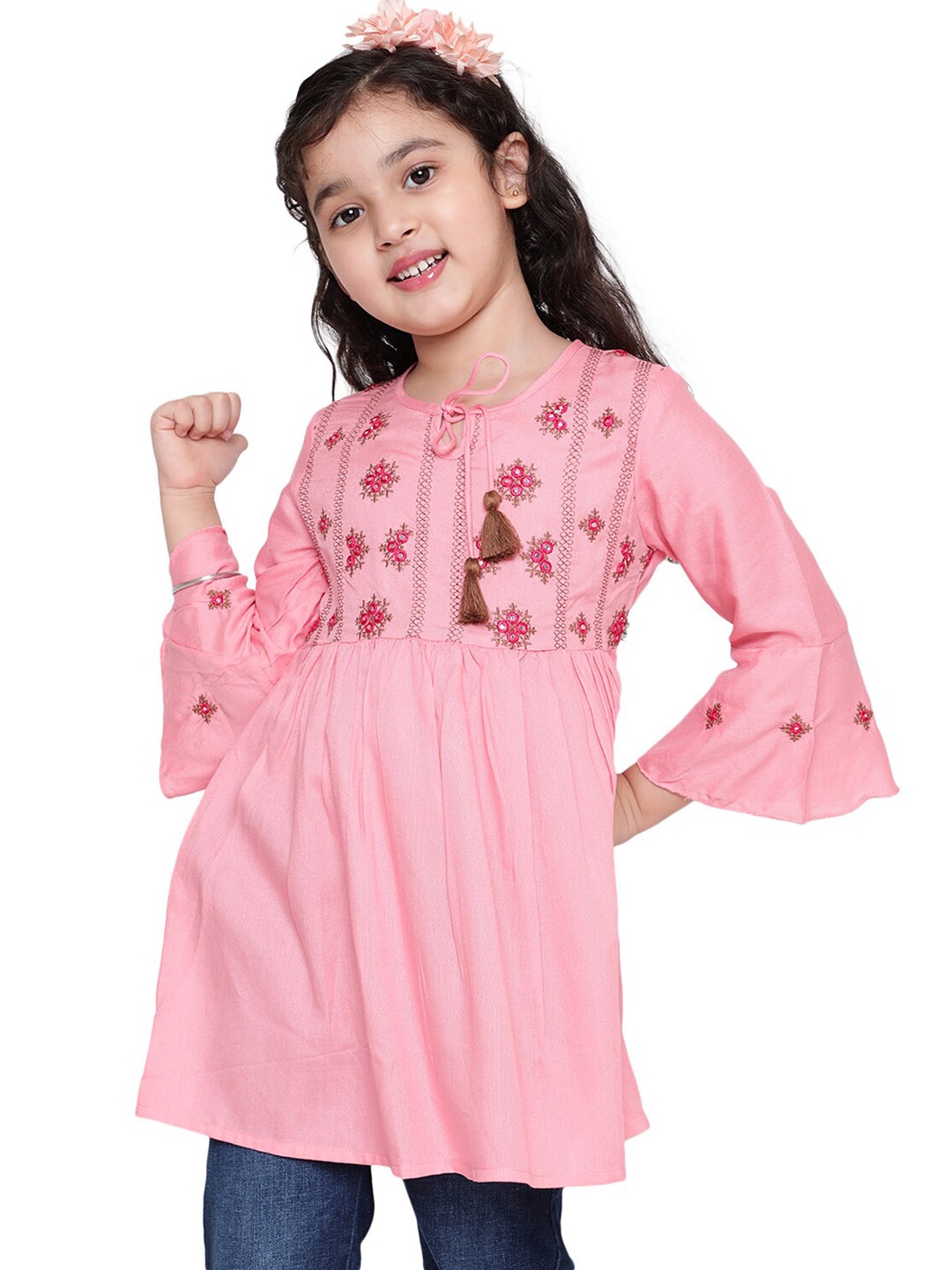 

BAESD Girls Floral Embroidered Tie-Up Neck Bell Sleeves A-Line Longline Top, Peach