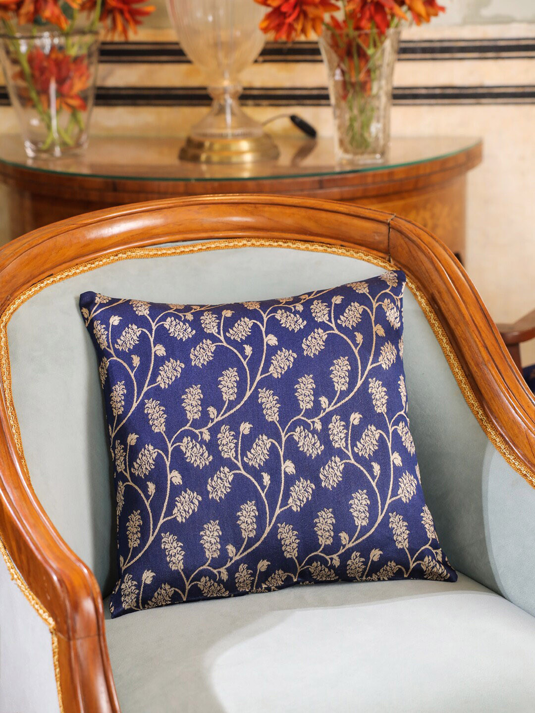 

House of Pataudi Blue Jacquard Square Cushion Cover