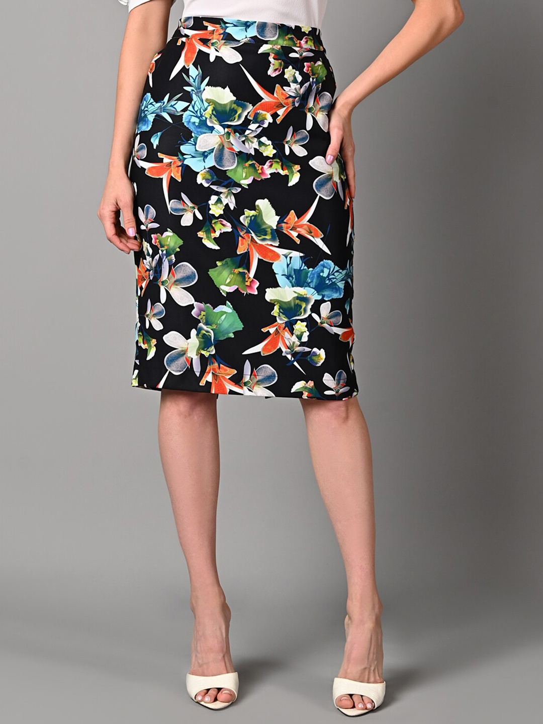 

Justin Whyte Floral Printed Straight Skirt, Black