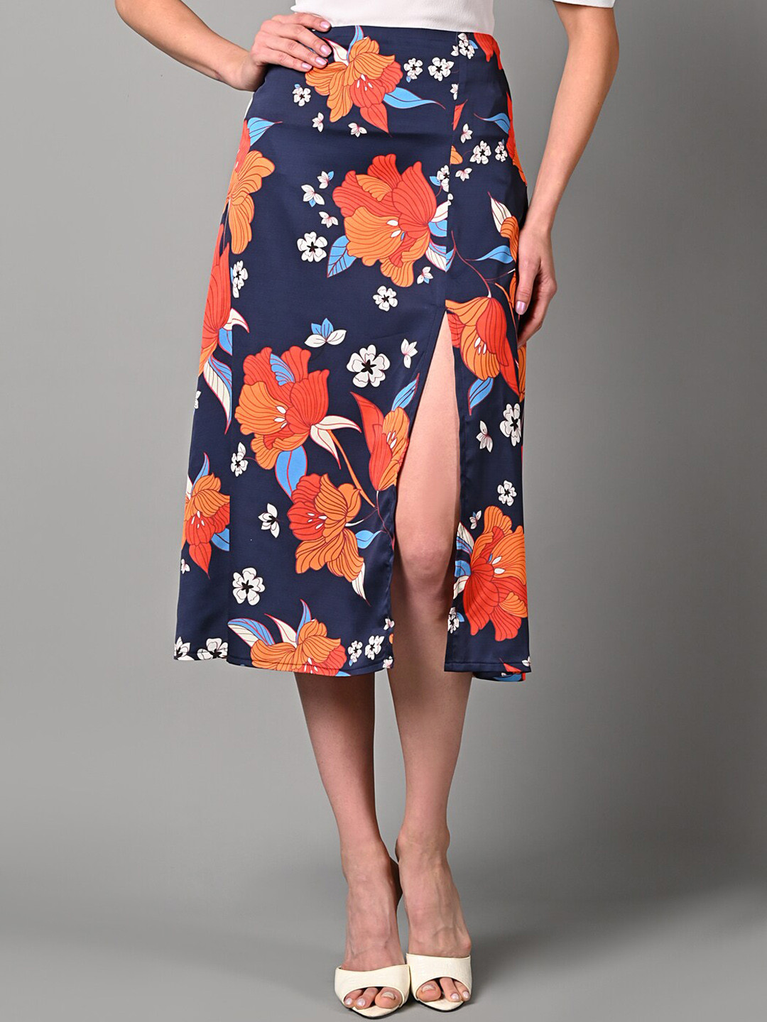 

Justin Whyte Floral Printed Midi A-Line Skirt, Navy blue