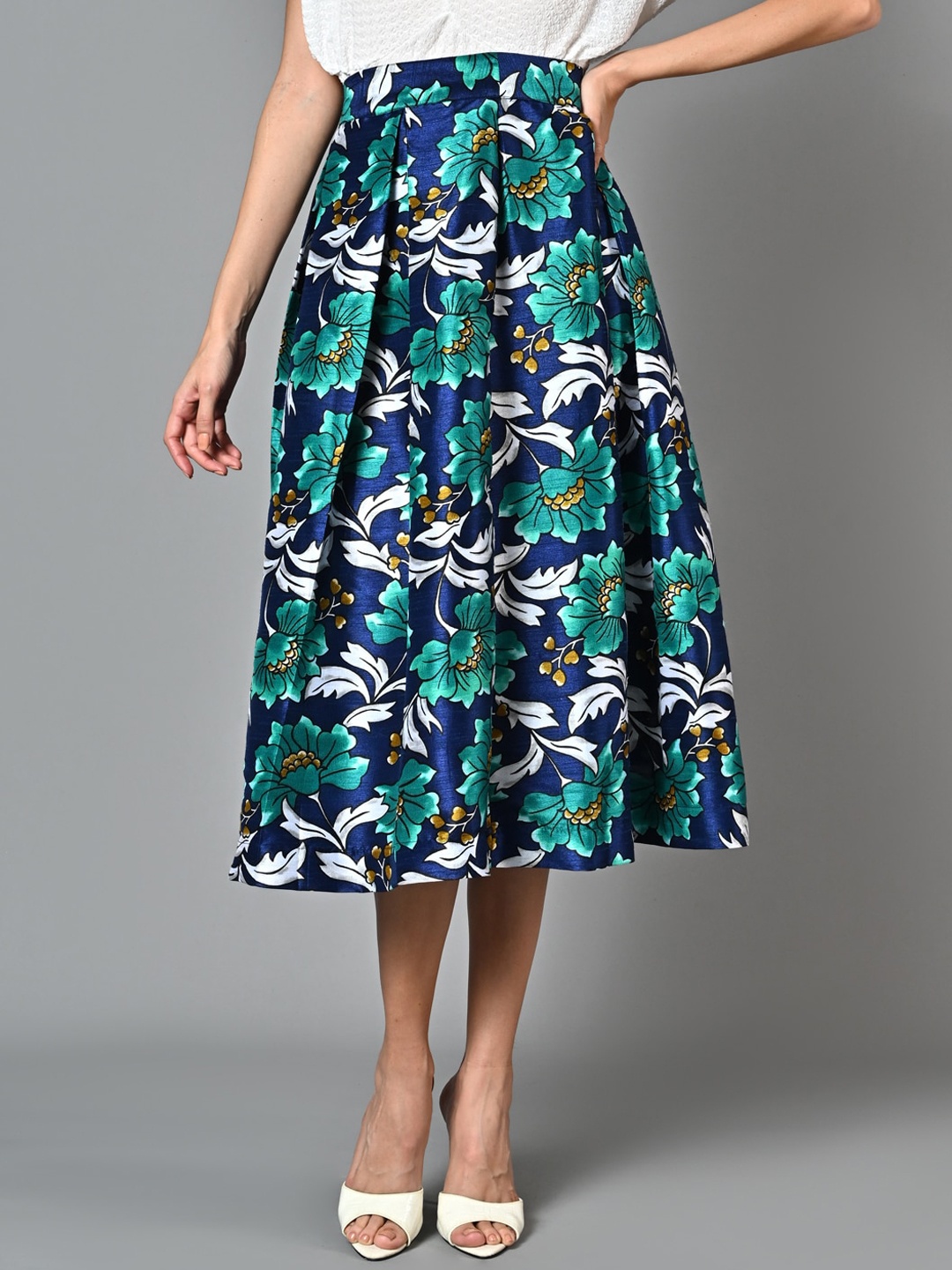 

Justin Whyte Floral Printed Flared Midi Skirt, Navy blue