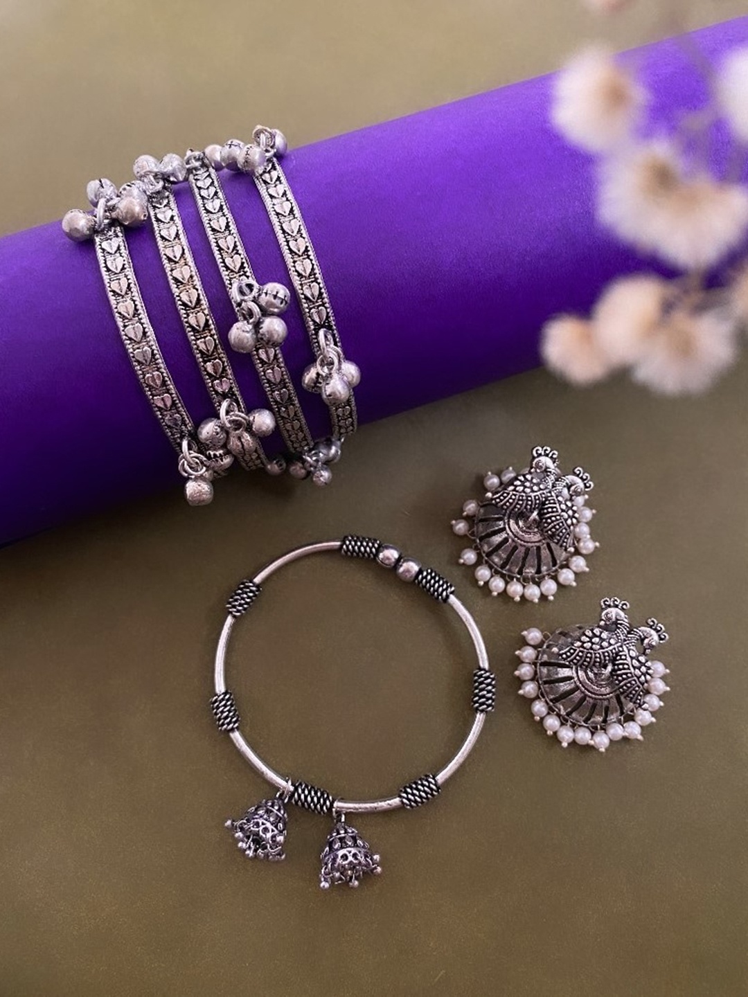 

ATIBELLE Set Of 5 Silver-Plated Oxidised Beads Beaded Bangles With Jhumkas