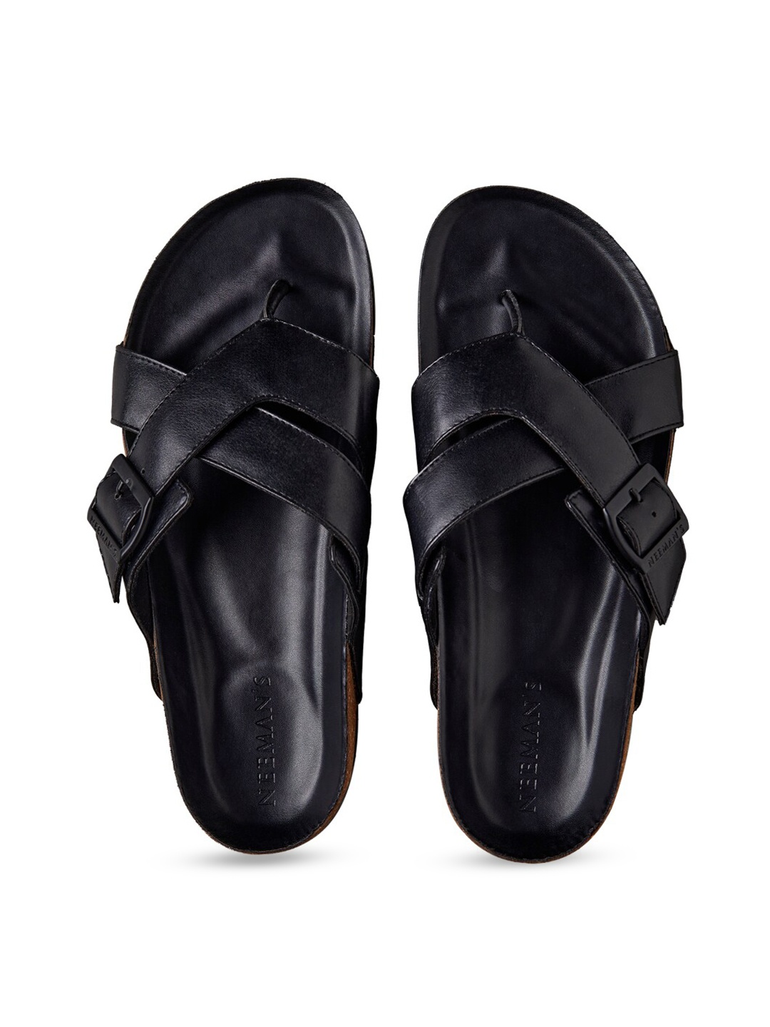 

NEEMANS Men Cork Double Cross Strap Comfort Sandals With Buckle Detail, Black