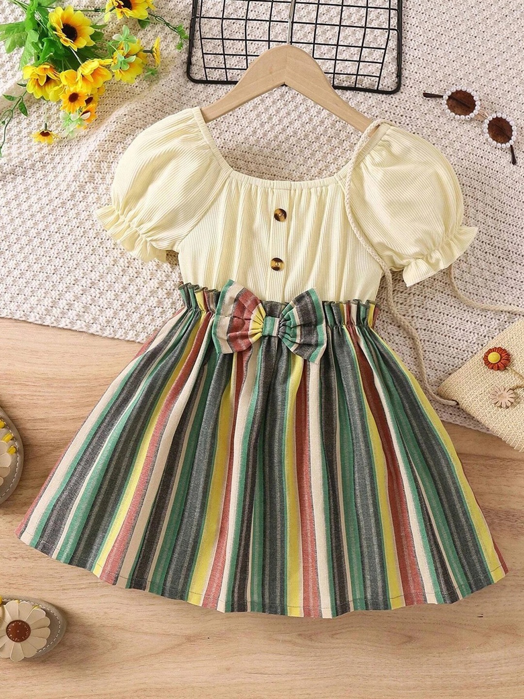 

BAESD Girls Striped Puff Sleeves Fit And Flare Dress, Green