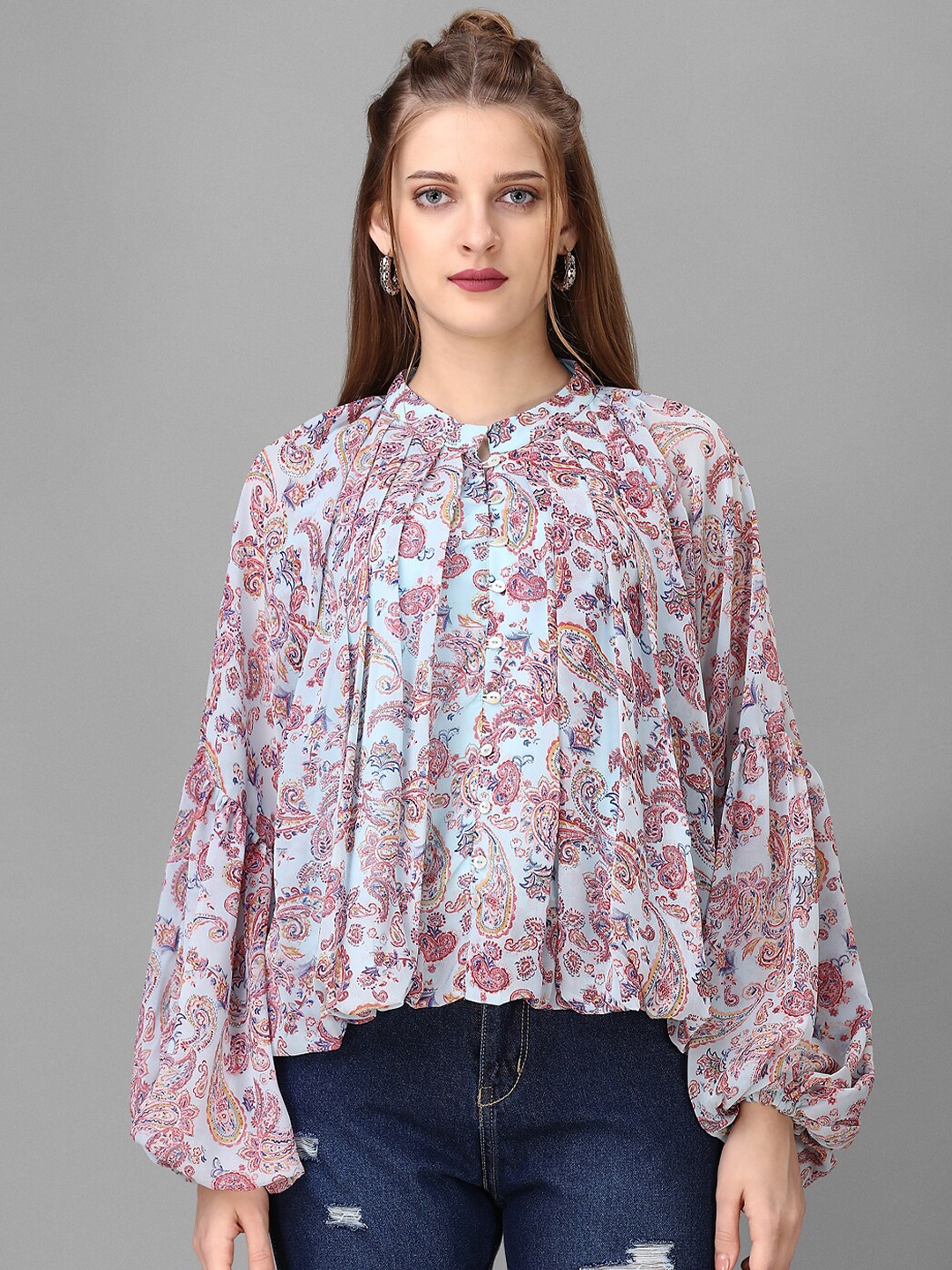 

HOUSE OF MIRA Ethnic Motifs Printed Mandarin Collar Jacquard Top, Blue
