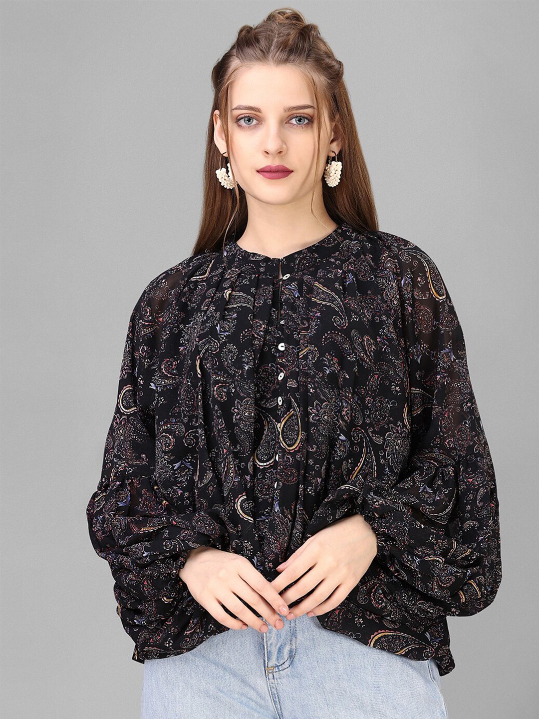 

HOUSE OF MIRA Ethnic Motifs Printed Mandarin Collar Jacquard Top, Black
