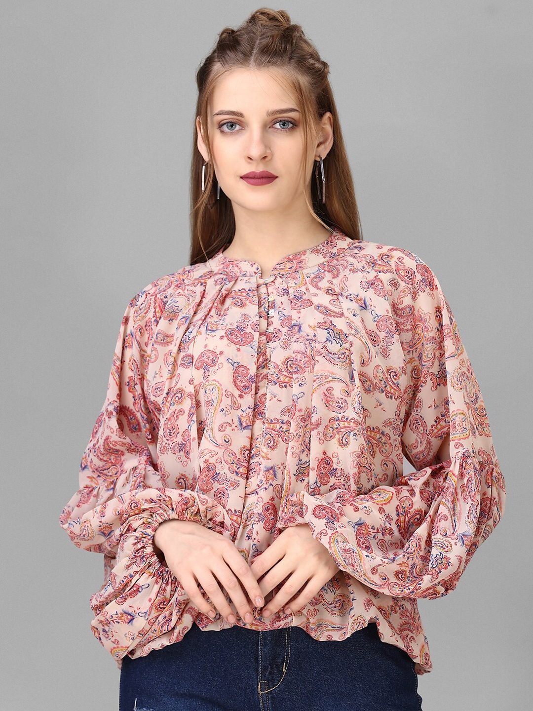 

HOUSE OF MIRA Ethnic Motifs Printed Mandarin Collar Jacquard Top, Cream